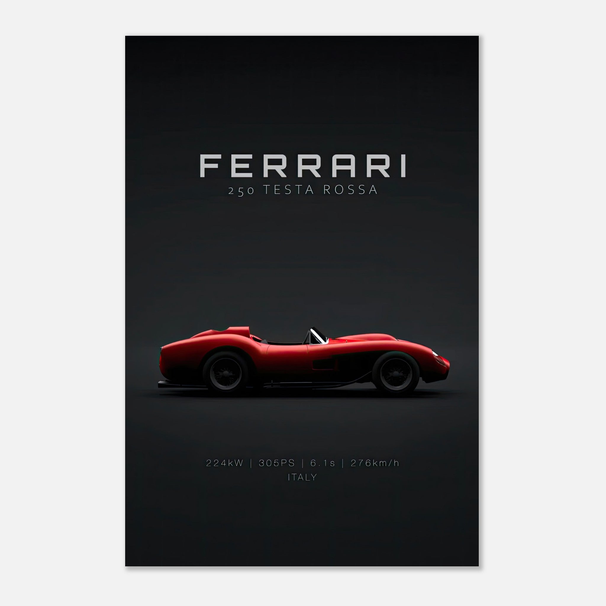 Ferrari 250 Testa Rossa metal print showcasing the car's iconic design against a sleek black background.