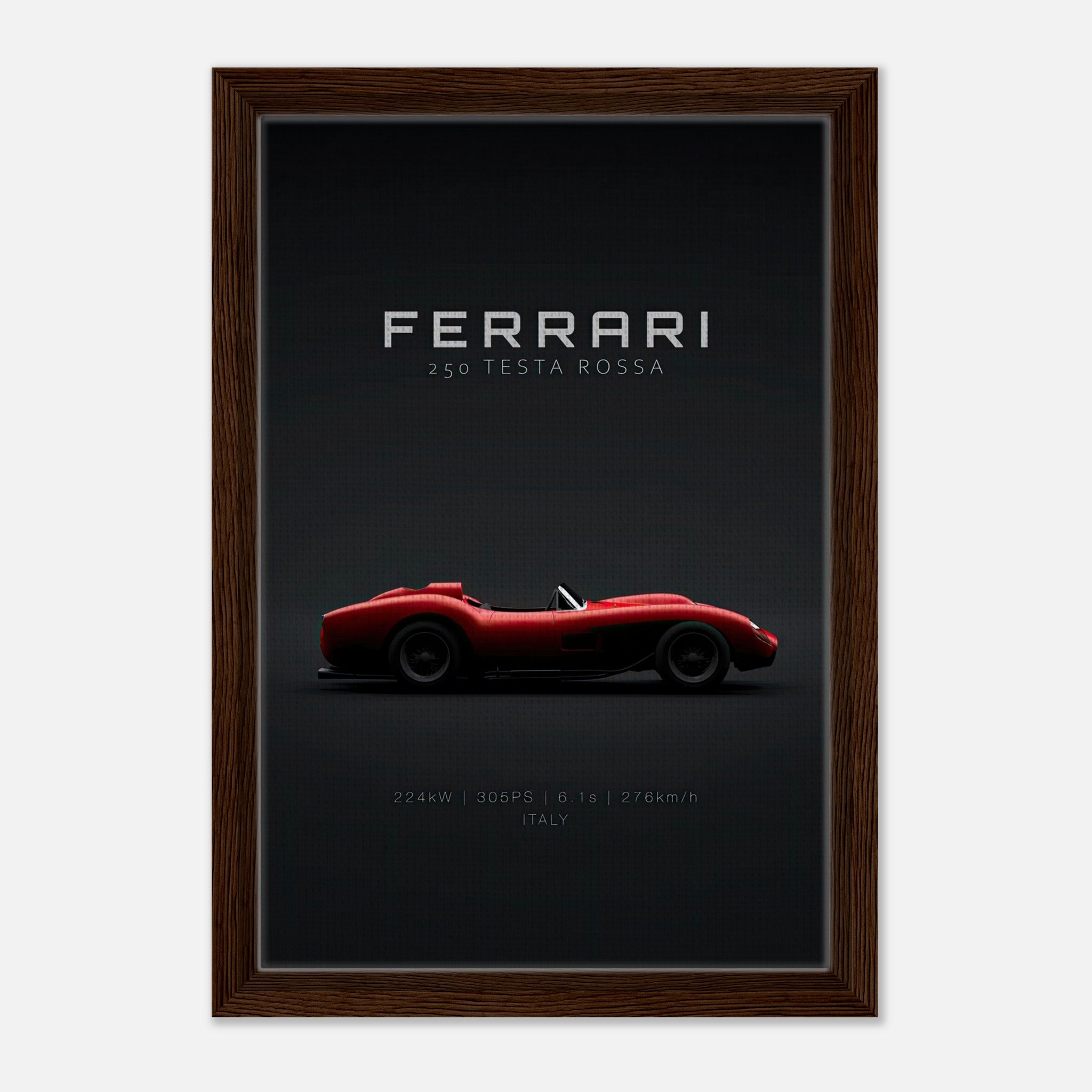 Ferrari 250 Testa Rossa framed canvas print showcasing the iconic red silhouette against a minimalist black background.