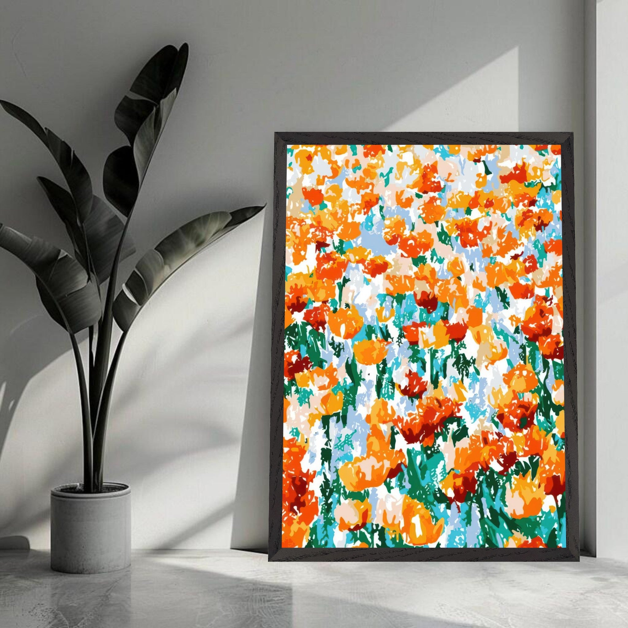 Vibrant abstract floral tulip garden artwork in orange and red hues displayed in a modern interior setting.