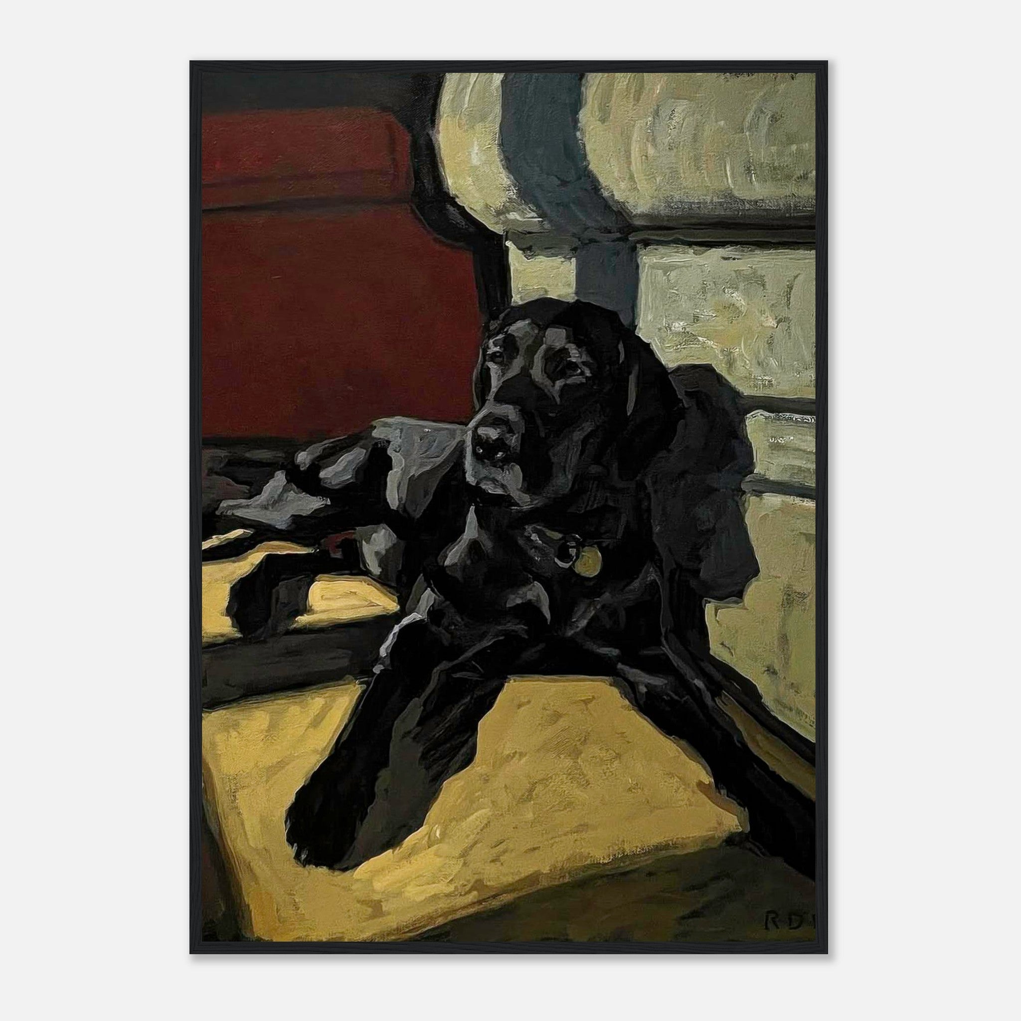 Black Labrador dog painting framed print, showcasing a loyal dog lounging in warm earthy tones.