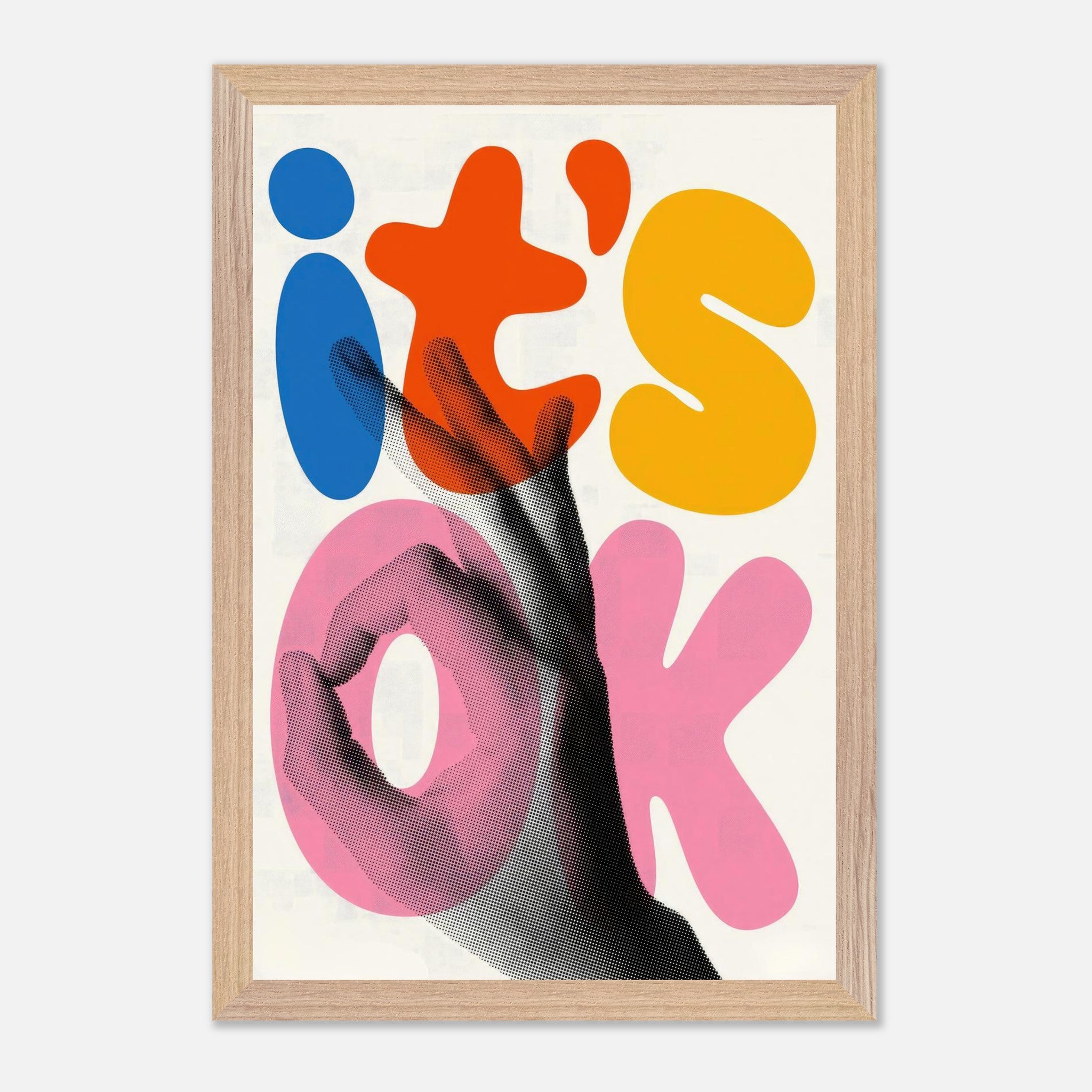 Retro abstract pop art print featuring vibrant typography and a hand illustration saying "It's OK" in bold colors.