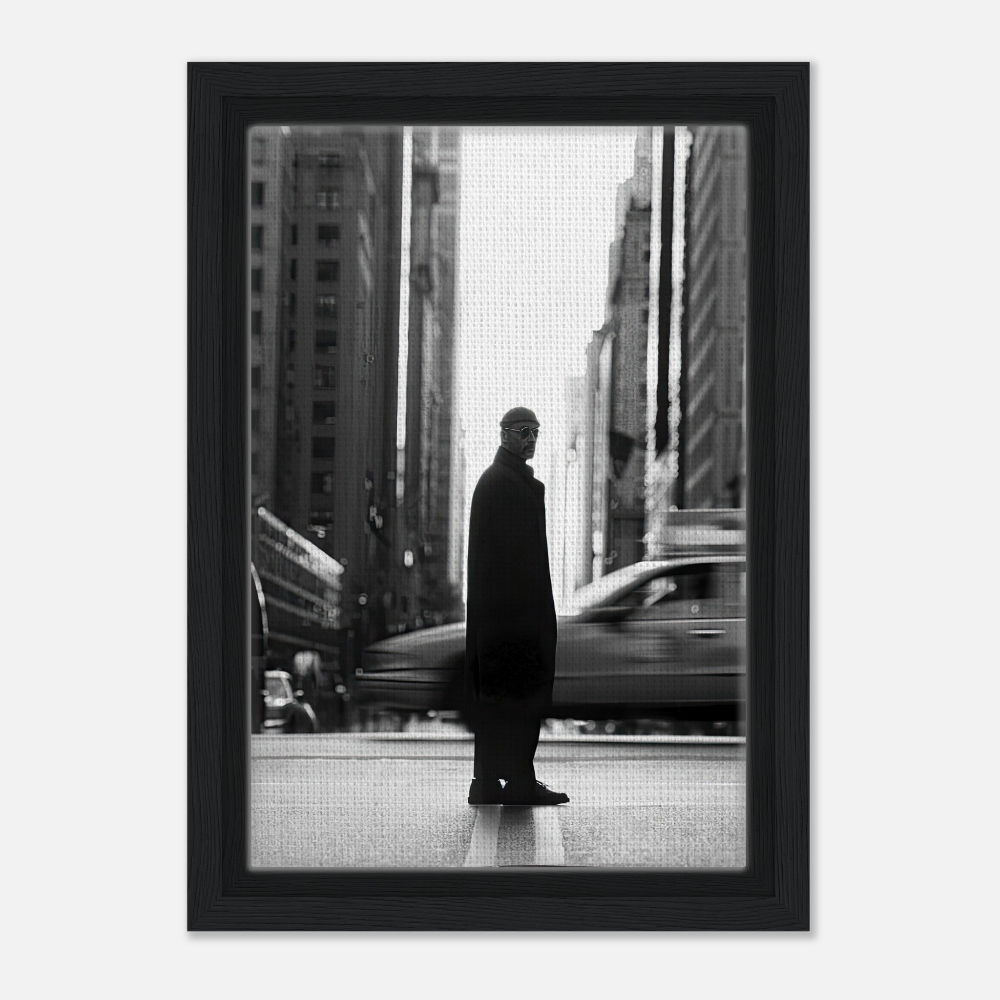 Jean Reno as Leon in New York framed canvas art, showcasing timeless elegance in a black-and-white city backdrop.
