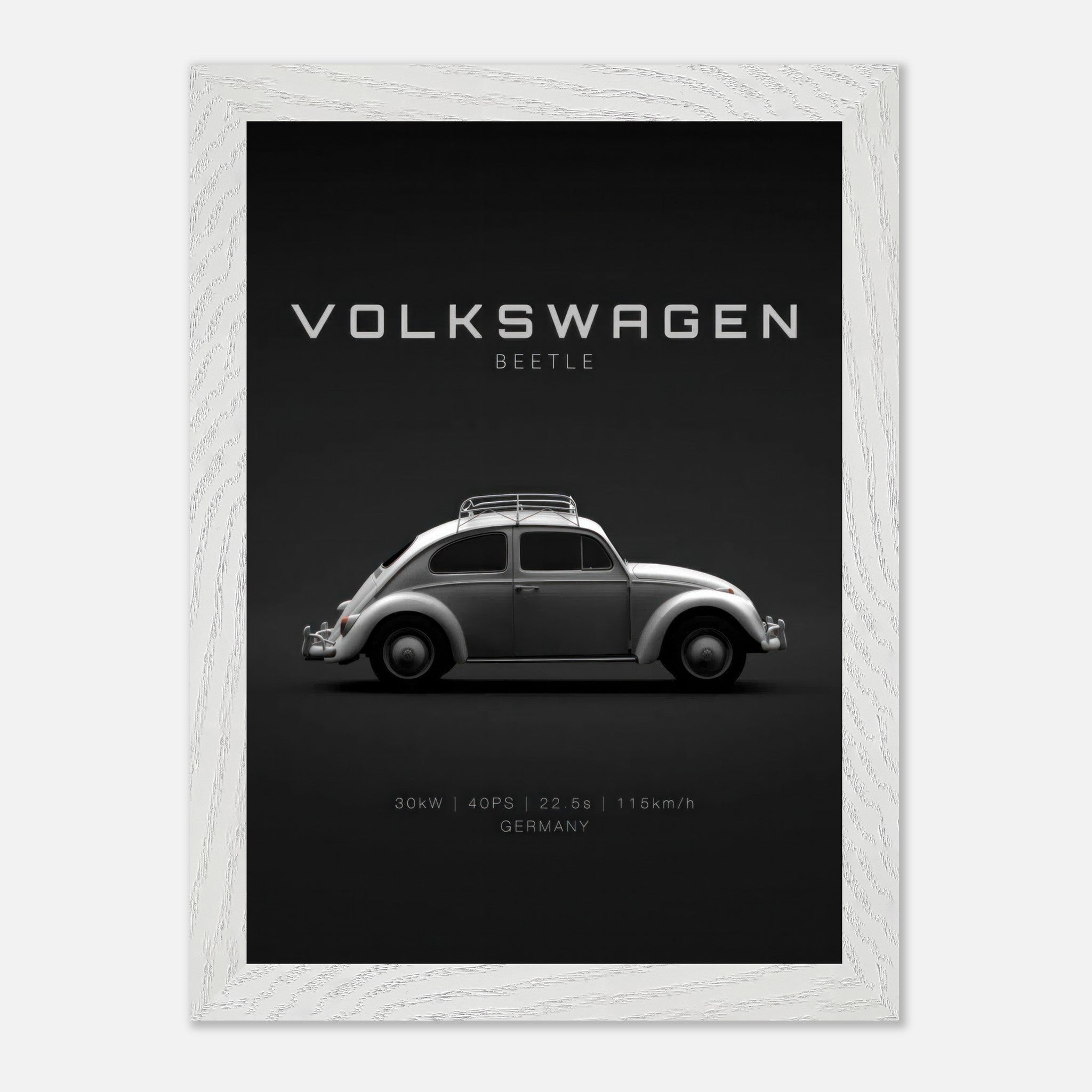 Volkswagen Beetle vintage framed art featuring sleek silver design on a minimalist black background.