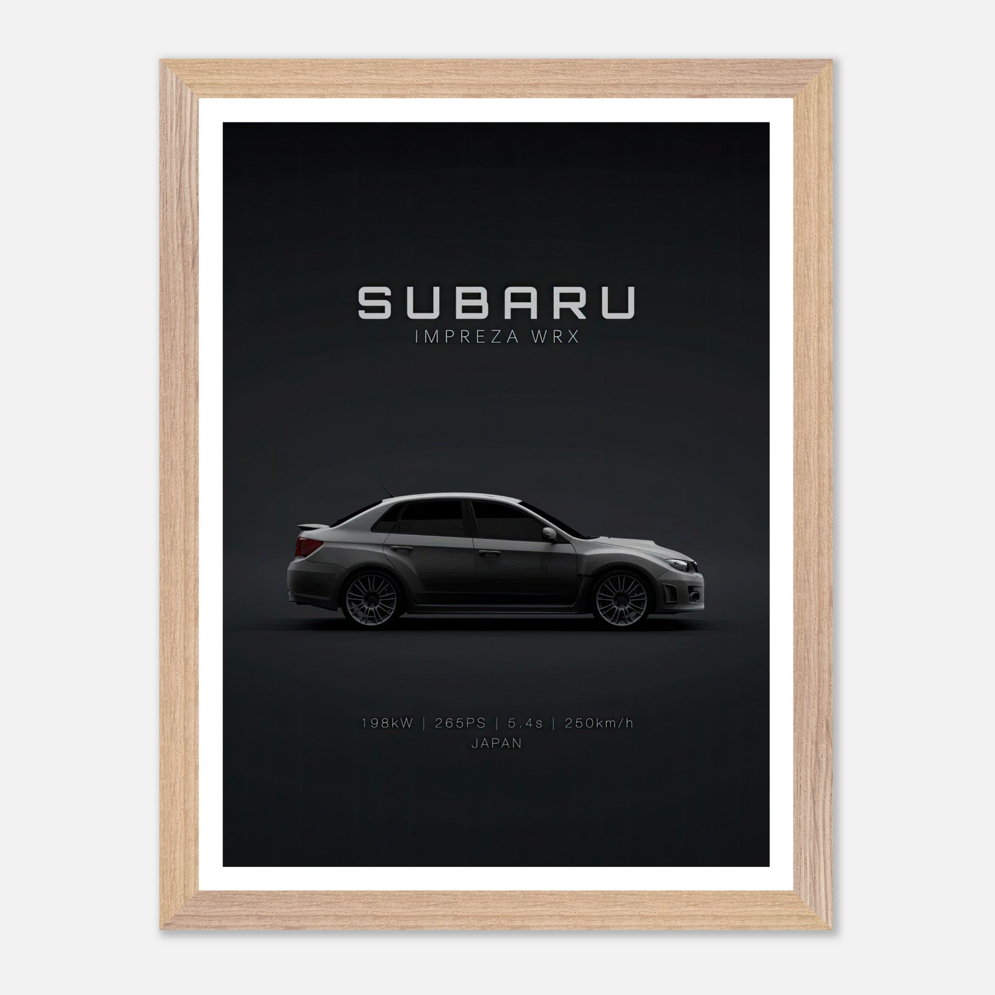 Subaru Impreza WRX vintage framed art showcasing sleek profile on a dark backdrop.