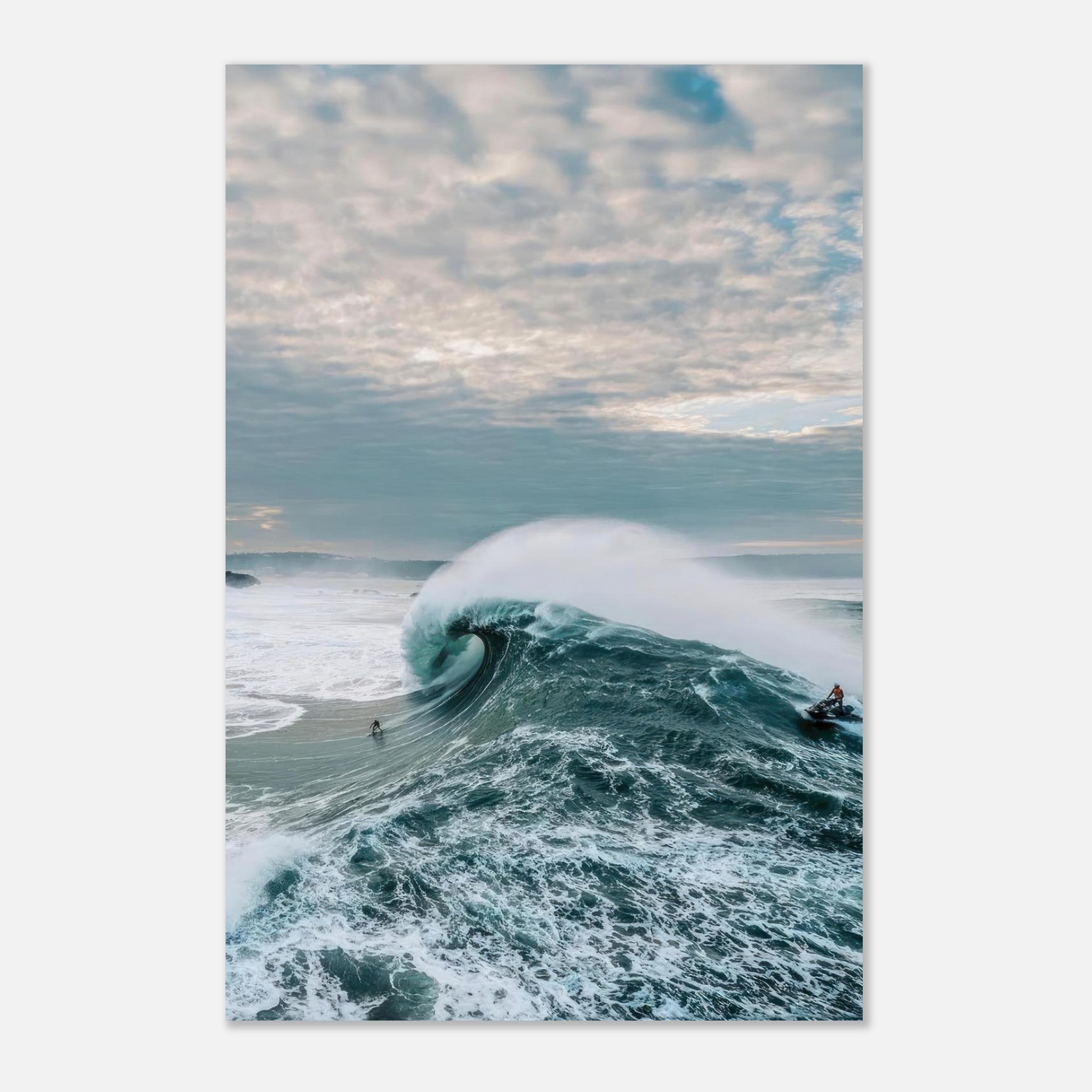 Big Wave Surfing Metal Print showcasing a surfer riding a massive wave with dramatic clouds overhead.