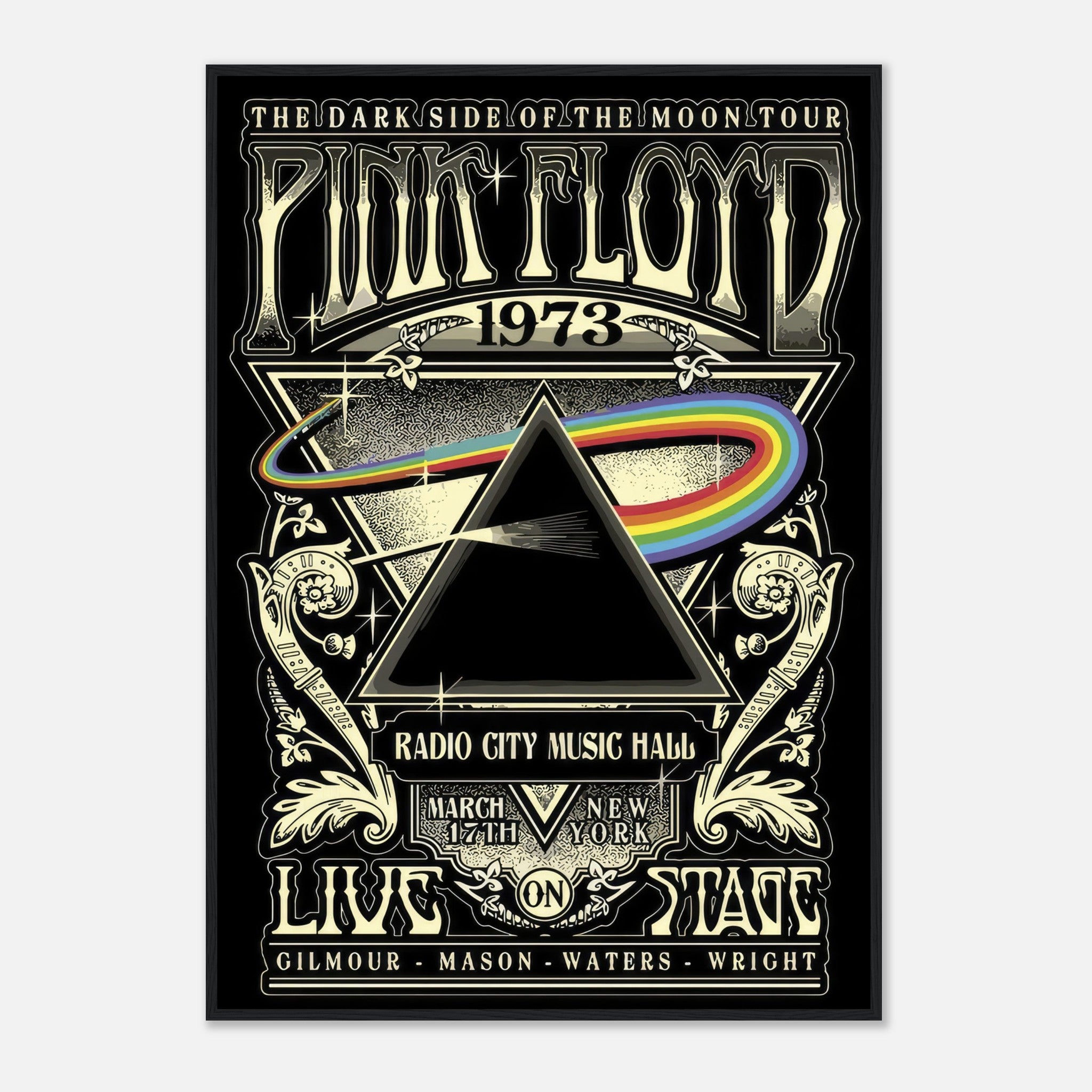 Pink Floyd 1973 Dark Side of the Moon tour poster featuring iconic prism and rainbow design, framed print.