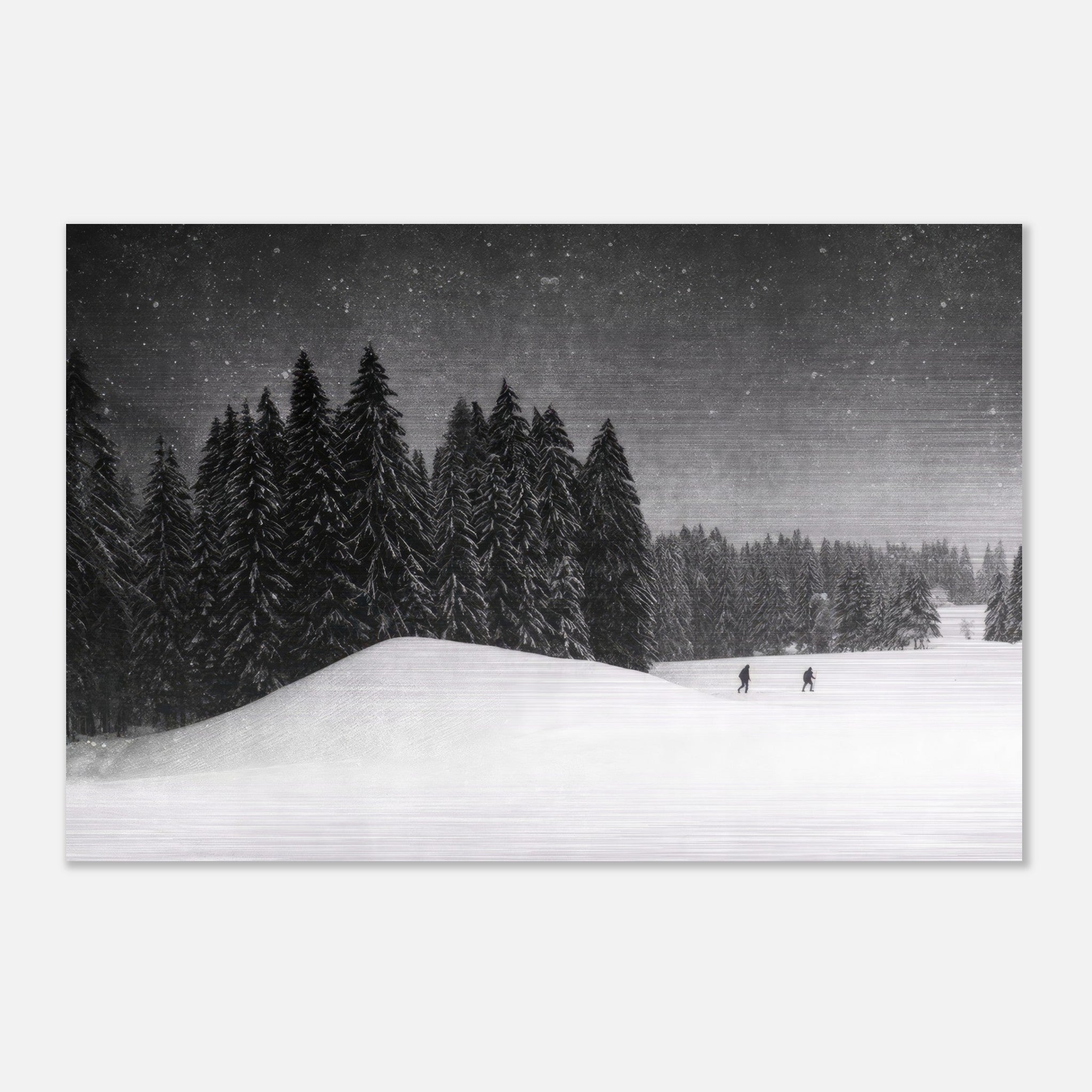 Winter Crossing brushed metal artwork depicting a snowy forest landscape with two figures in the distance.