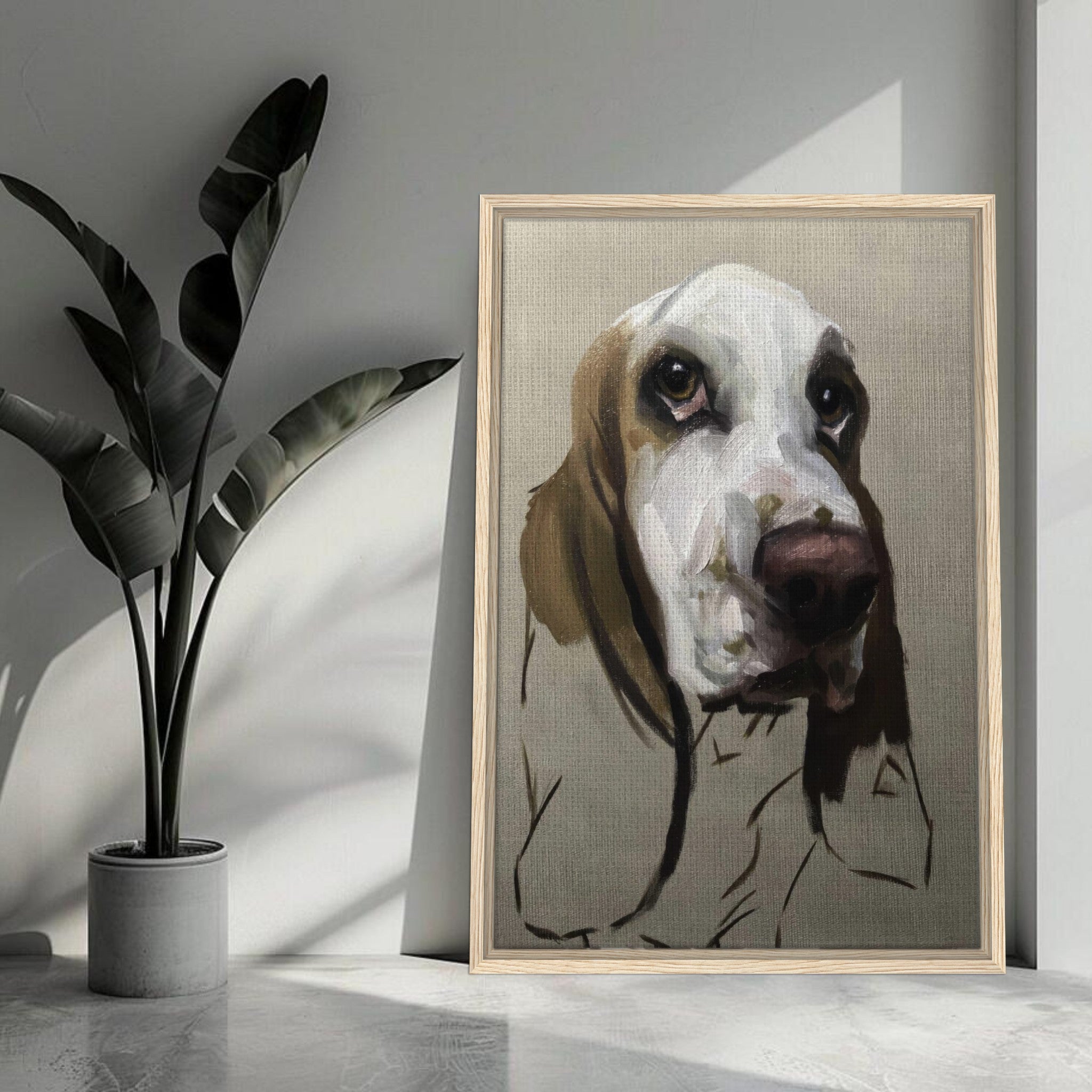 Basset Hound dog painting framed canvas print featuring expressive portrait and earthy tones.
