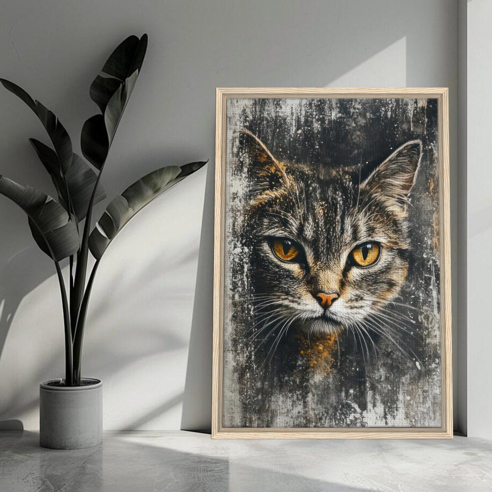 Framed cat painting artwork with striking gaze and rich textures, perfect for home decor.