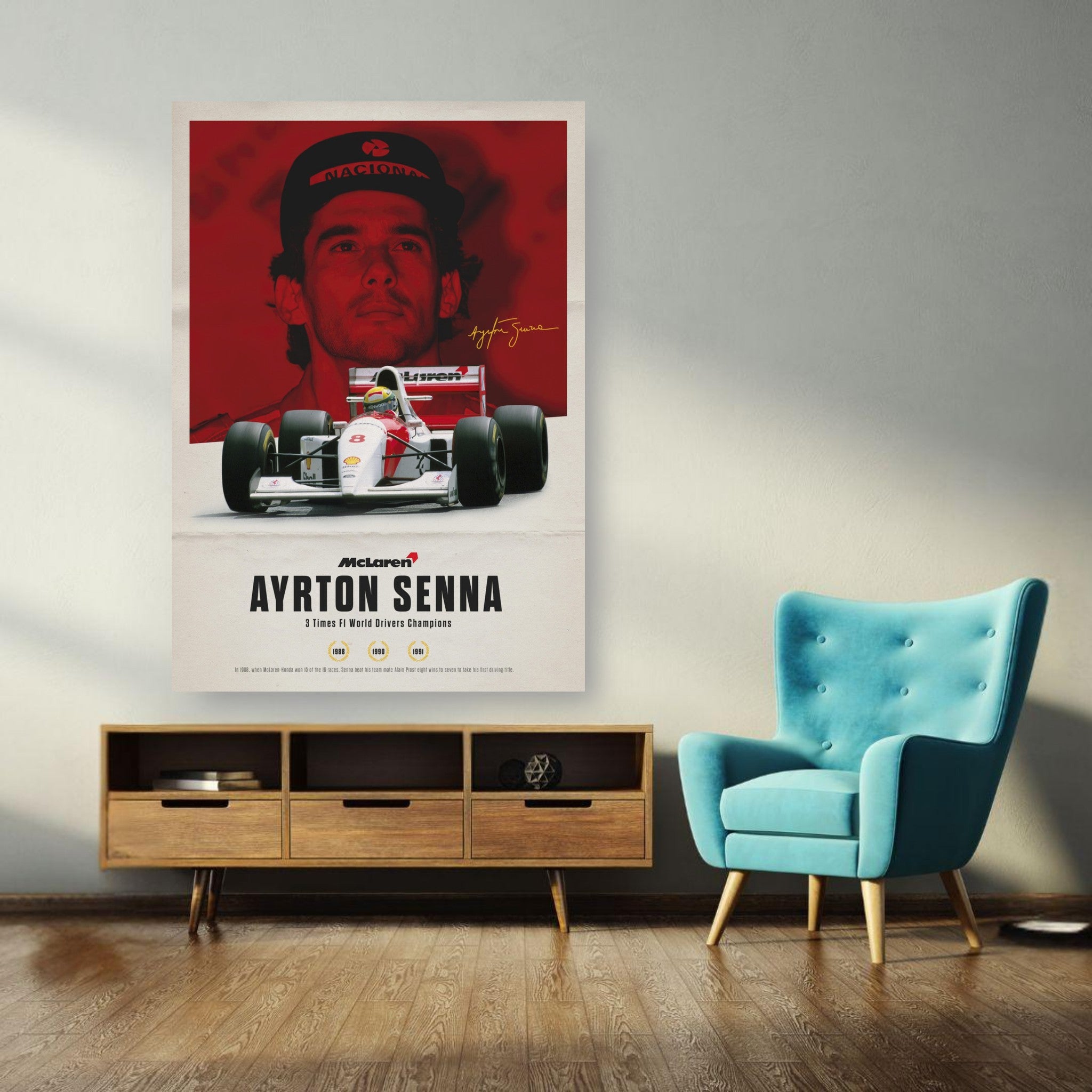 Ayrton Senna poster featuring vibrant design, McLaren Honda, celebrating the three-time F1 World Champion.