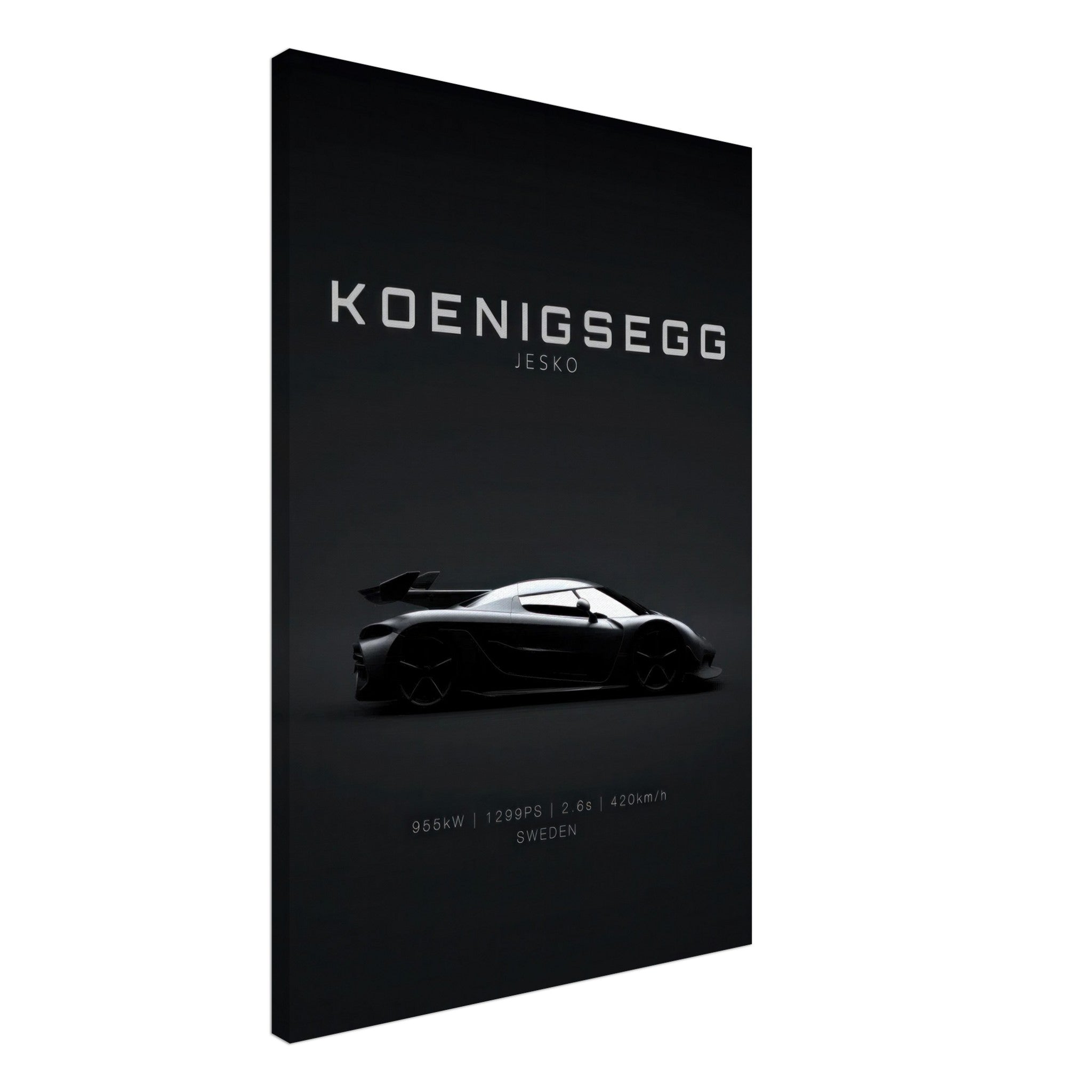 Koenigsegg Jesko canvas art featuring the iconic hypercar silhouette on a minimalistic black background.