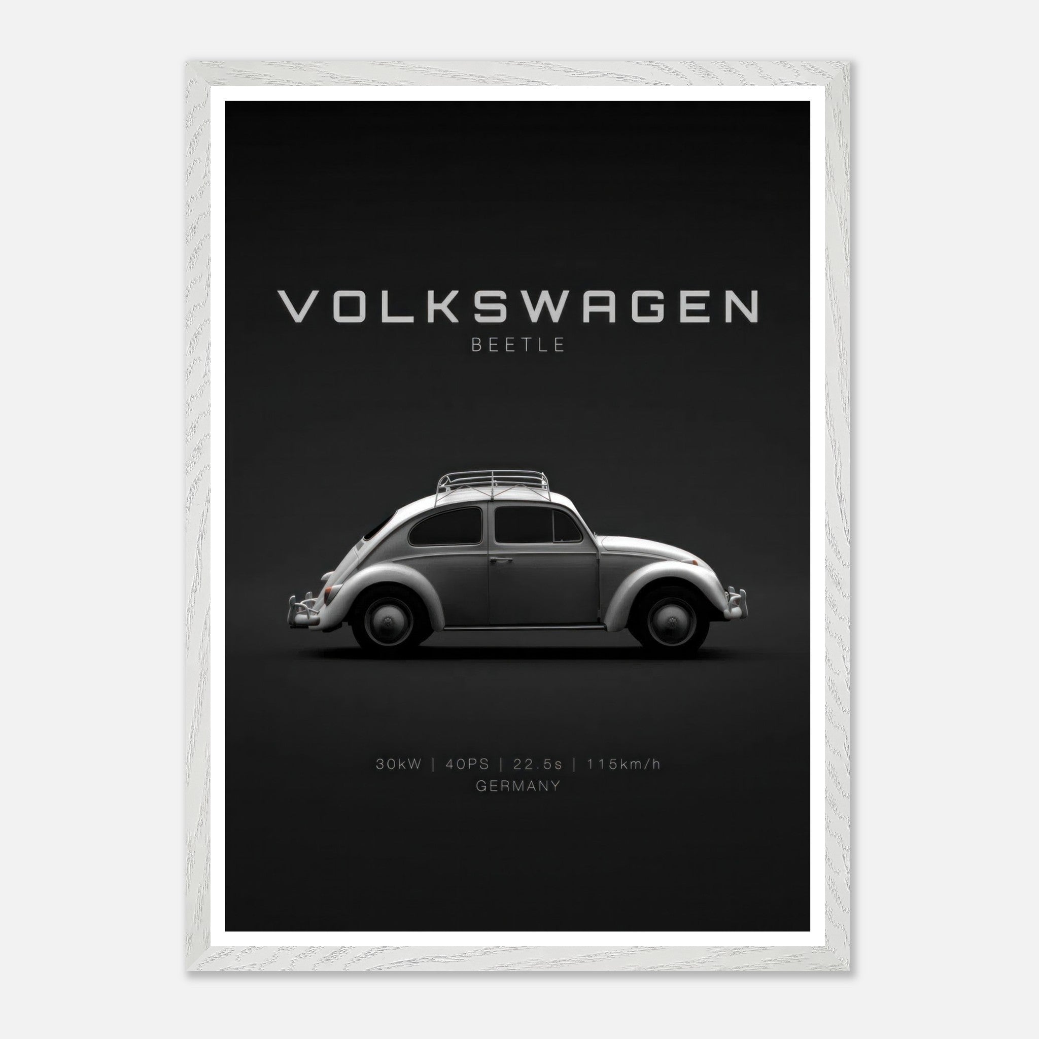 Volkswagen Beetle vintage framed art showcasing a silver classic car design against a minimalist black background.