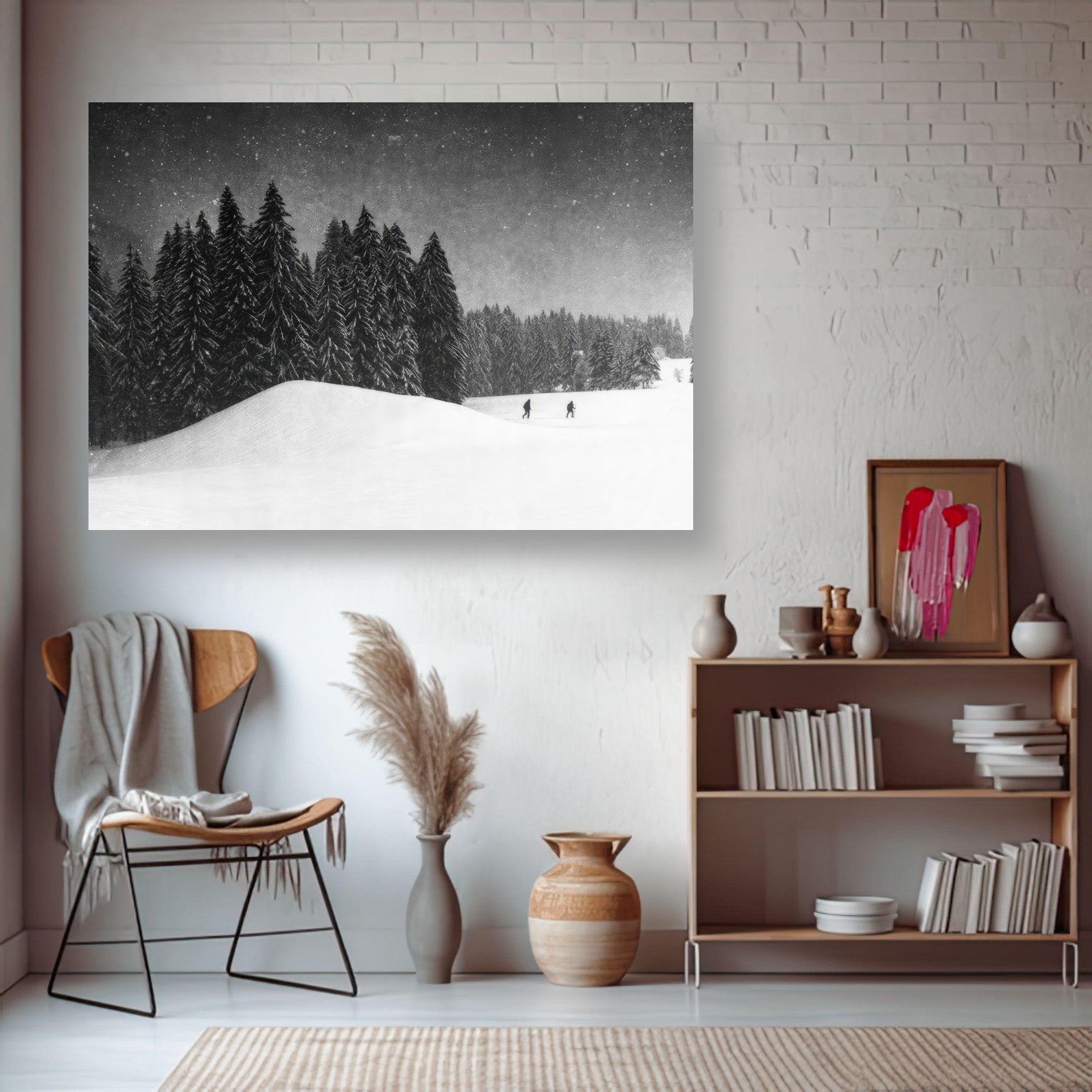 Winter Crossing Poster featuring snow-covered landscapes and evergreens in a serene black-and-white design.
