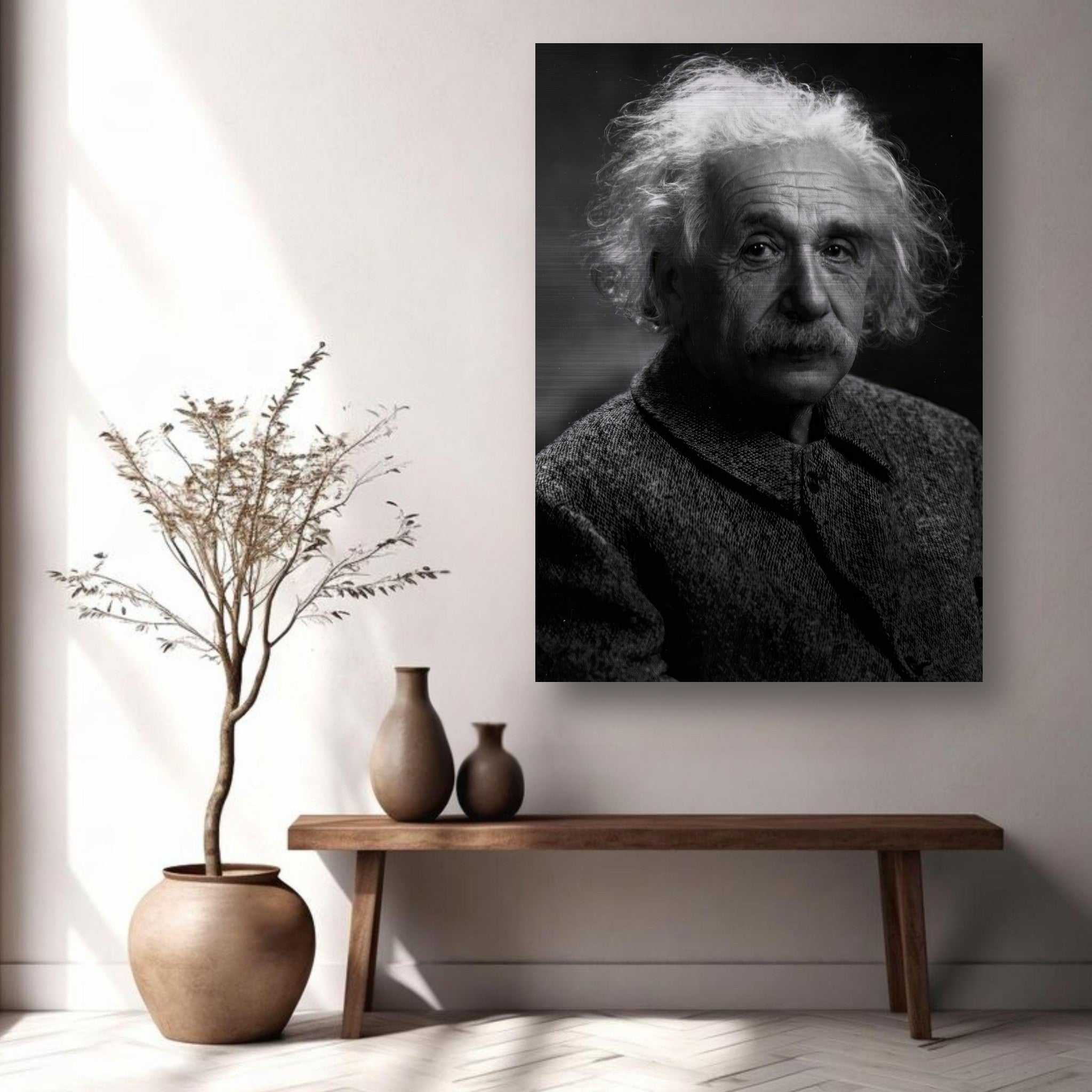 Black-and-white portrait of Albert Einstein on brushed metal print, showcasing his thoughtful expression in a modern living space.