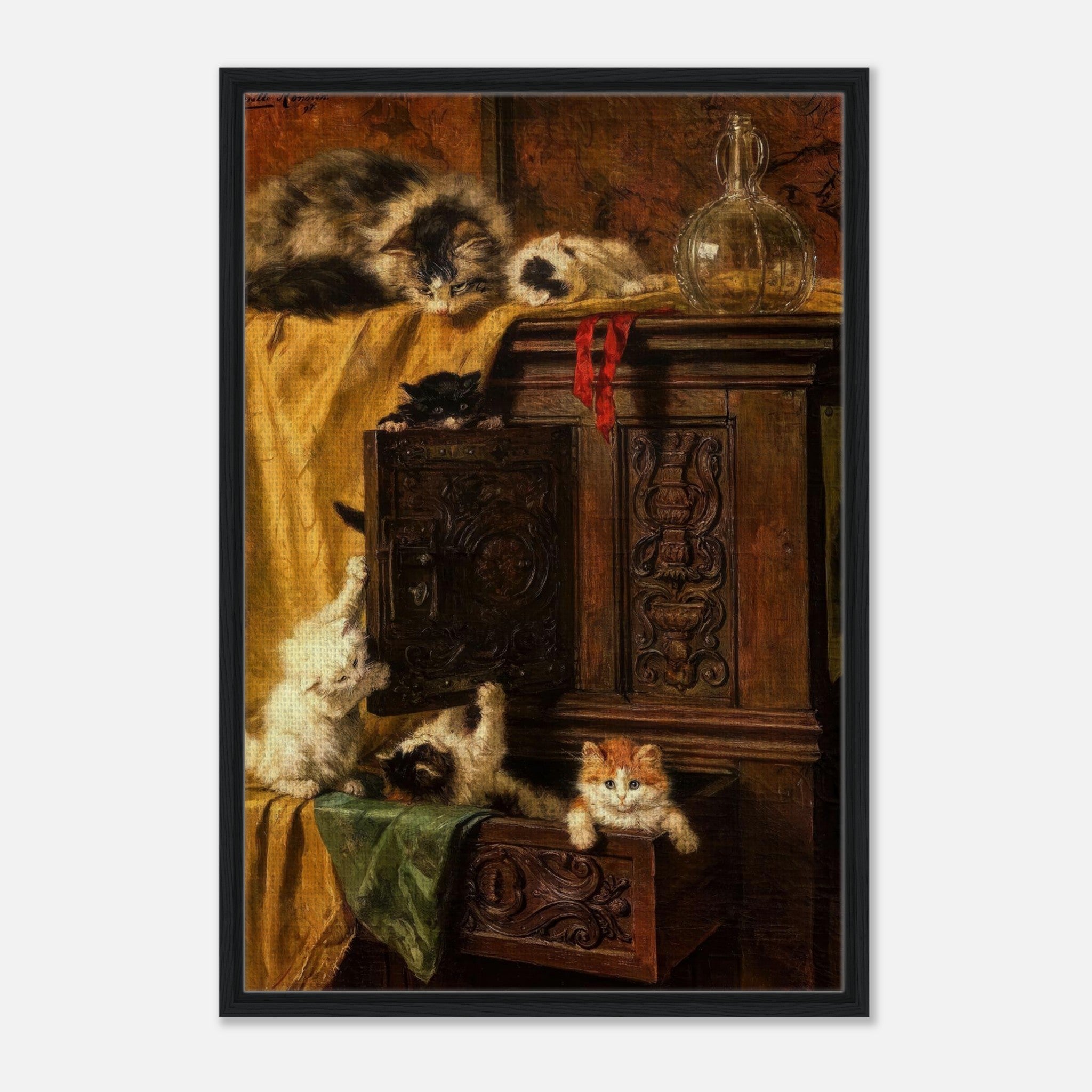 Vintage Cat Painting featuring playful kittens by an ornate cabinet, framed canvas print adding charm to any home.
