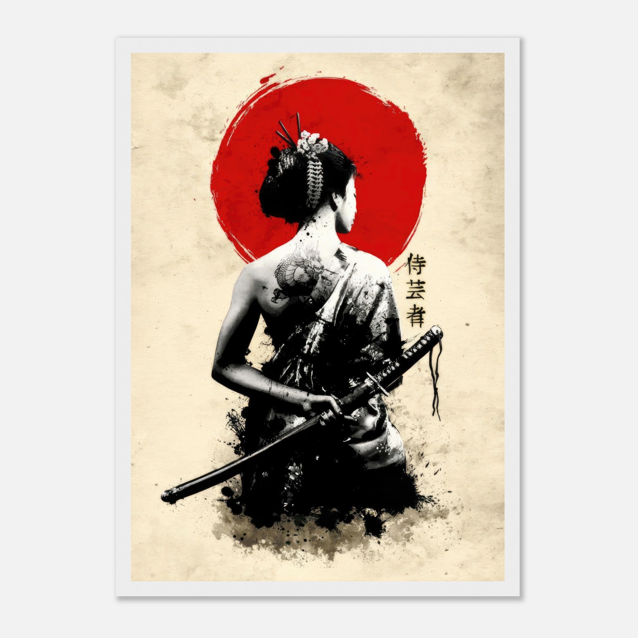 Framed print of a geisha with a katana, against a red sun backdrop, showcasing strength and grace.