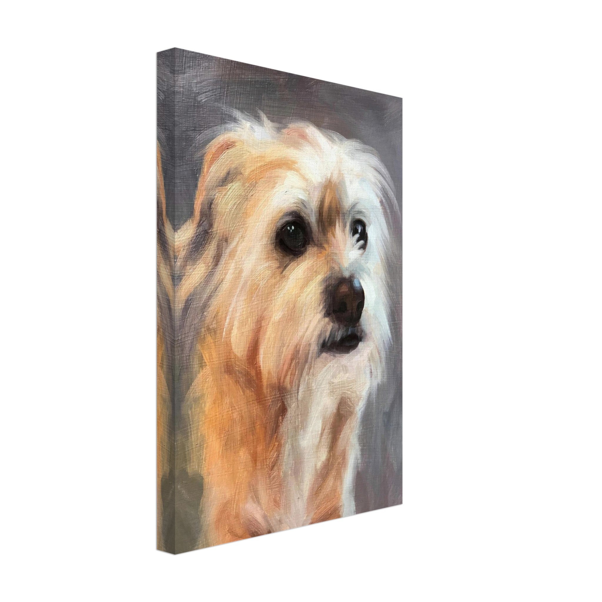 Terrier dog painting canvas print showcasing a lifelike portrait with expressive eyes and rich brushstrokes.