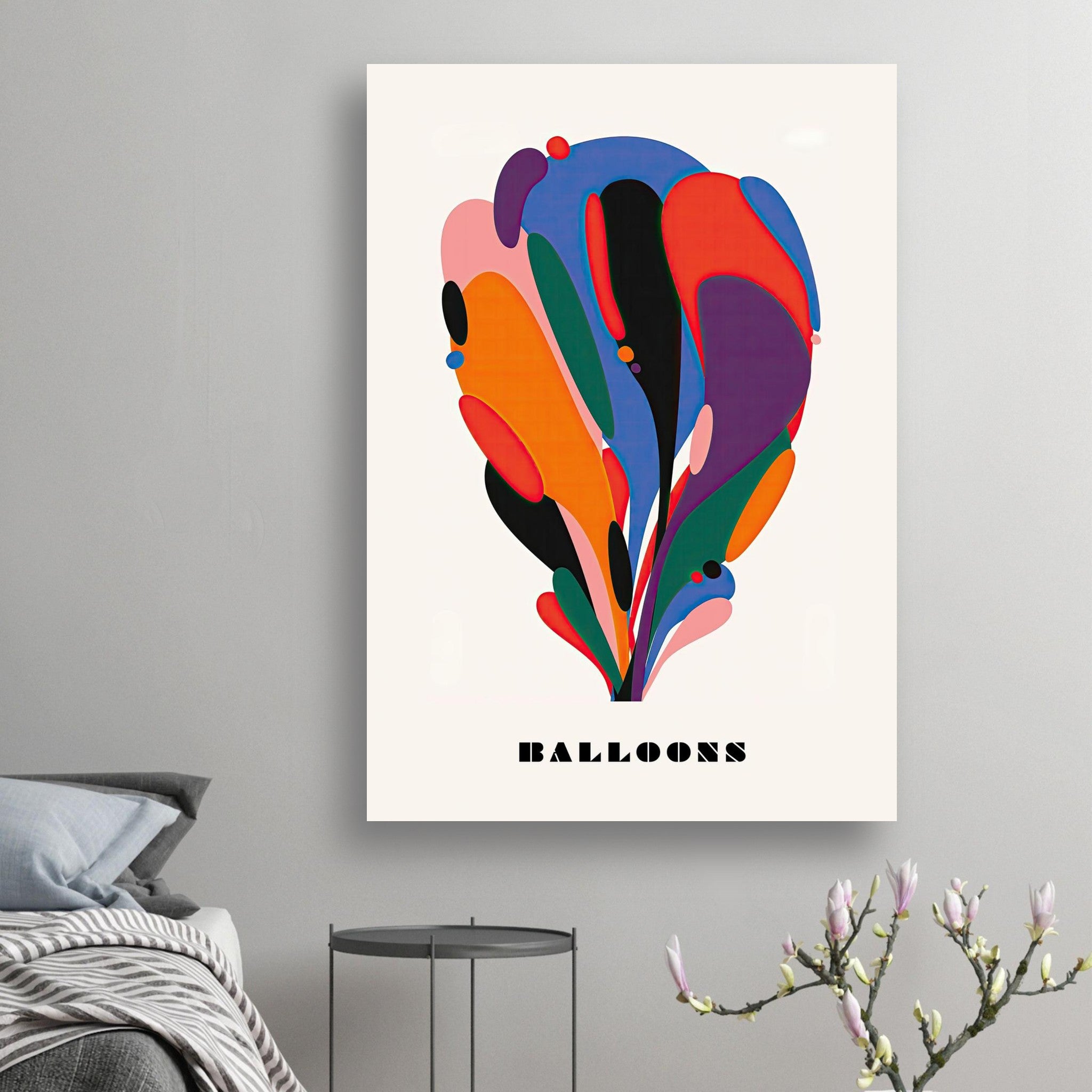Abstract Balloon Art Poster featuring colorful shapes on a minimalist cream background, perfect for modern décor.