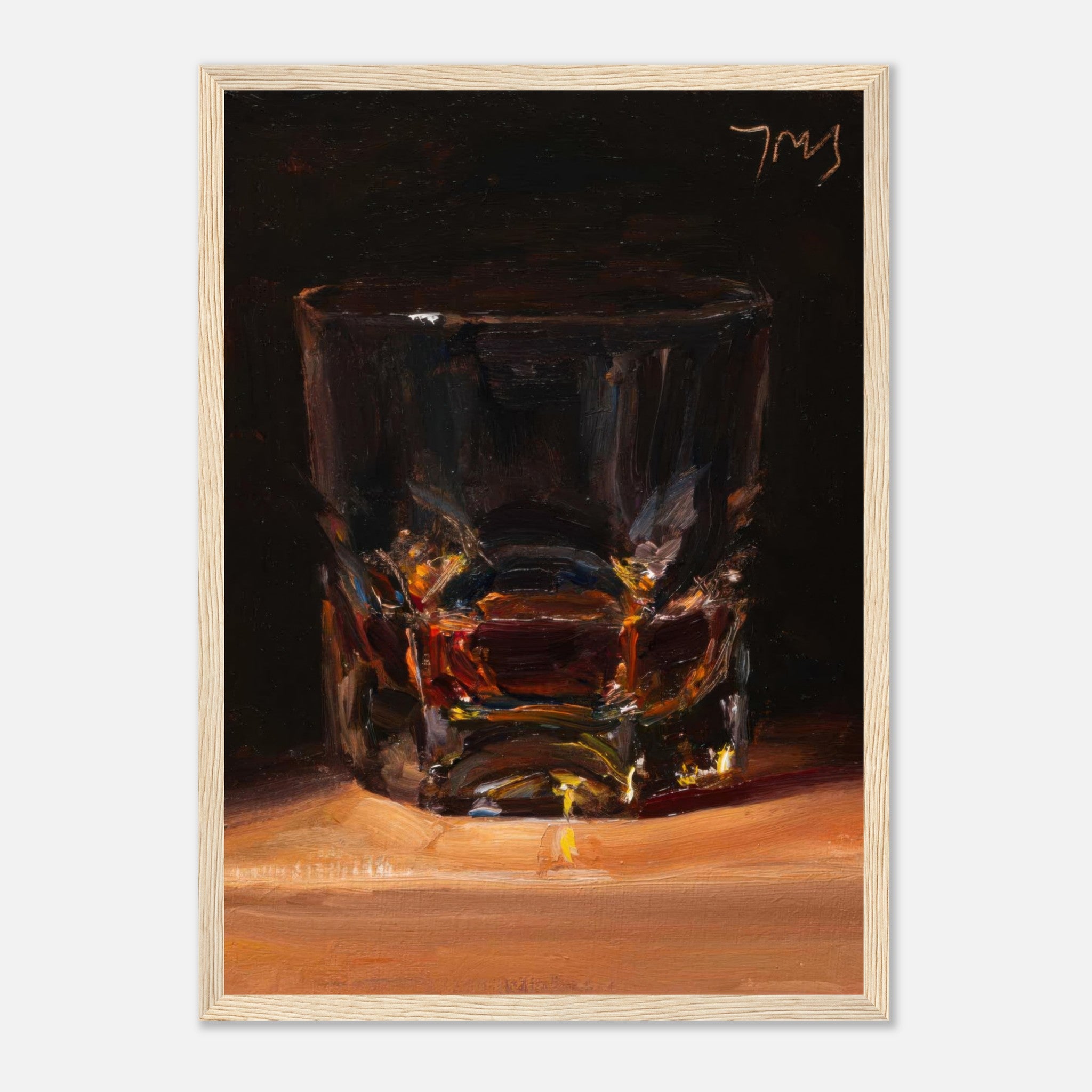Whiskey framed print featuring a glass with rich amber whiskey illuminated by soft light.