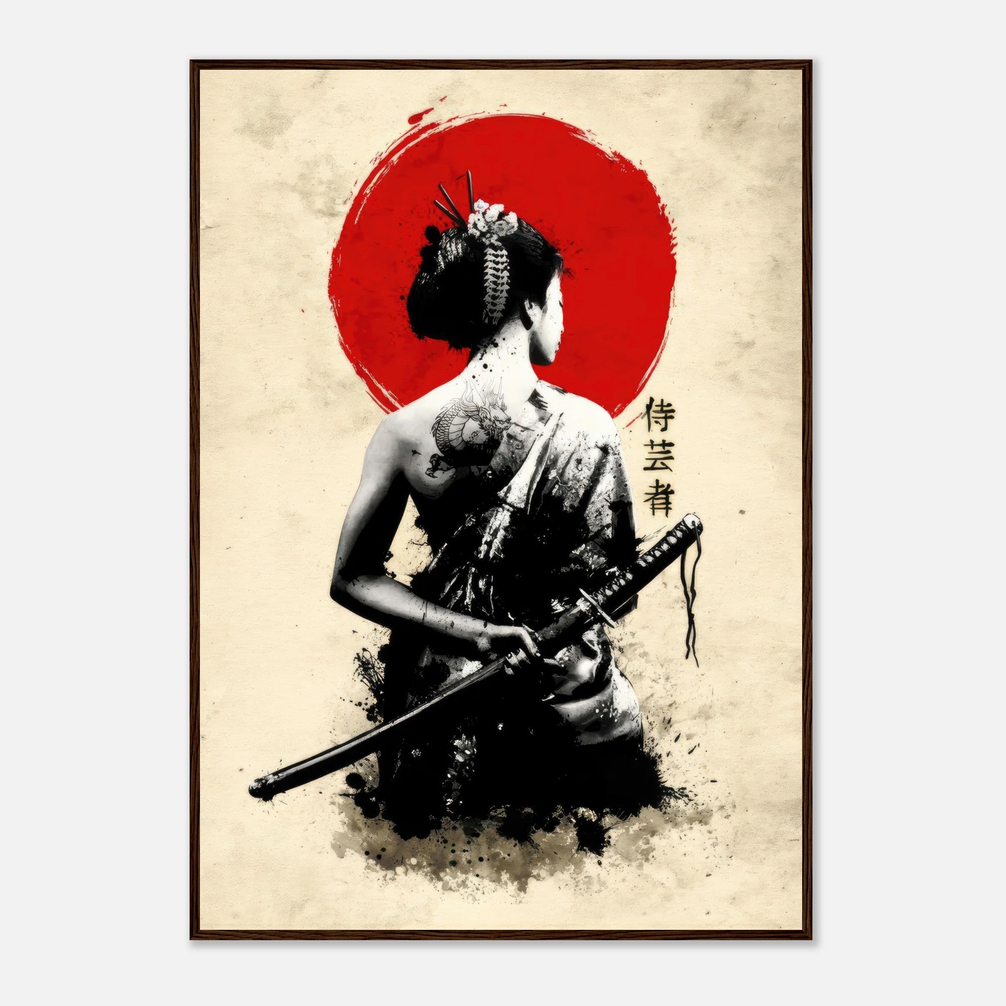 Samurai Geisha framed print featuring a geisha with a katana against a red sun backdrop, showcasing elegance and strength.