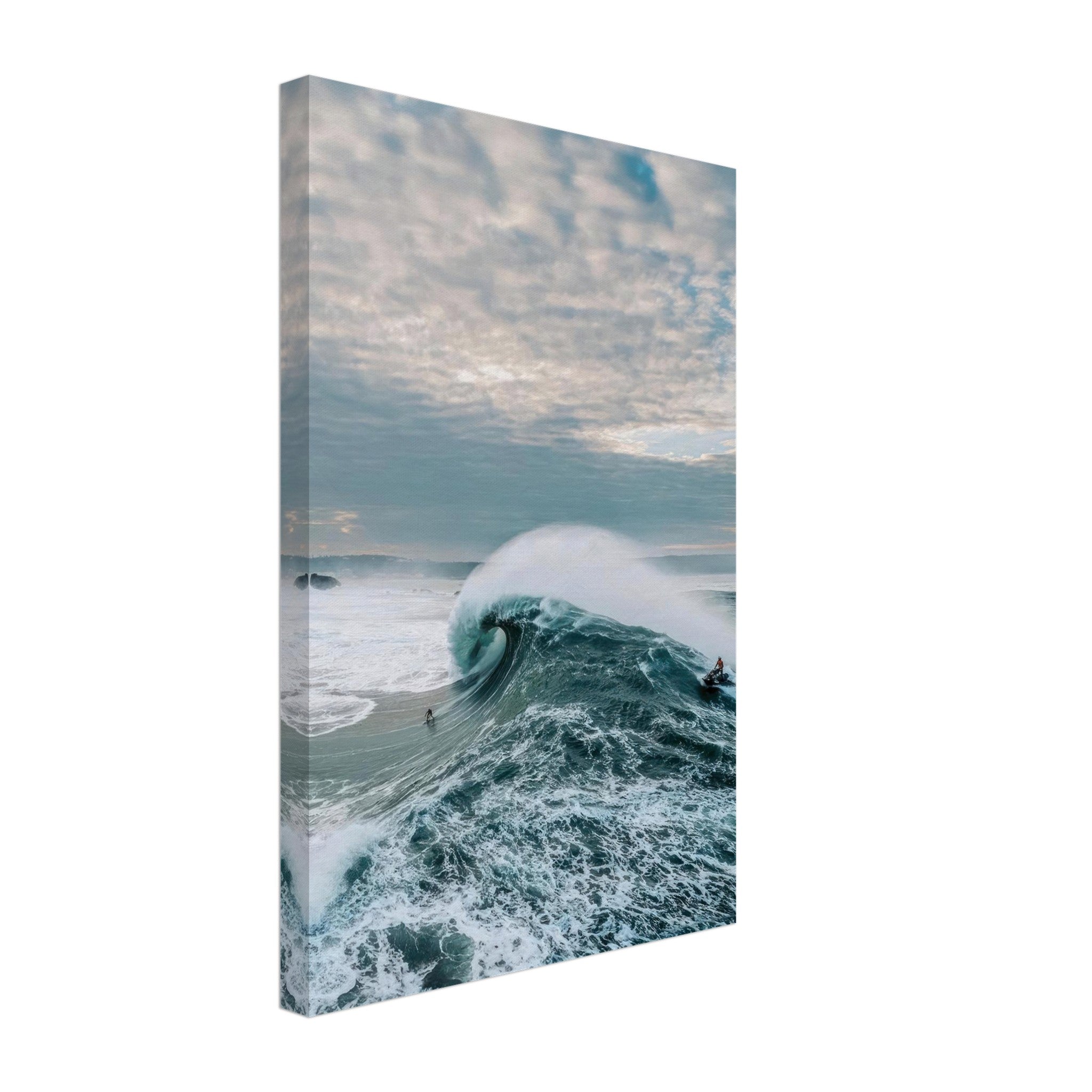 Big Wave Surfing Canvas Print showcasing a surfer riding a massive wave under a dramatic sky.