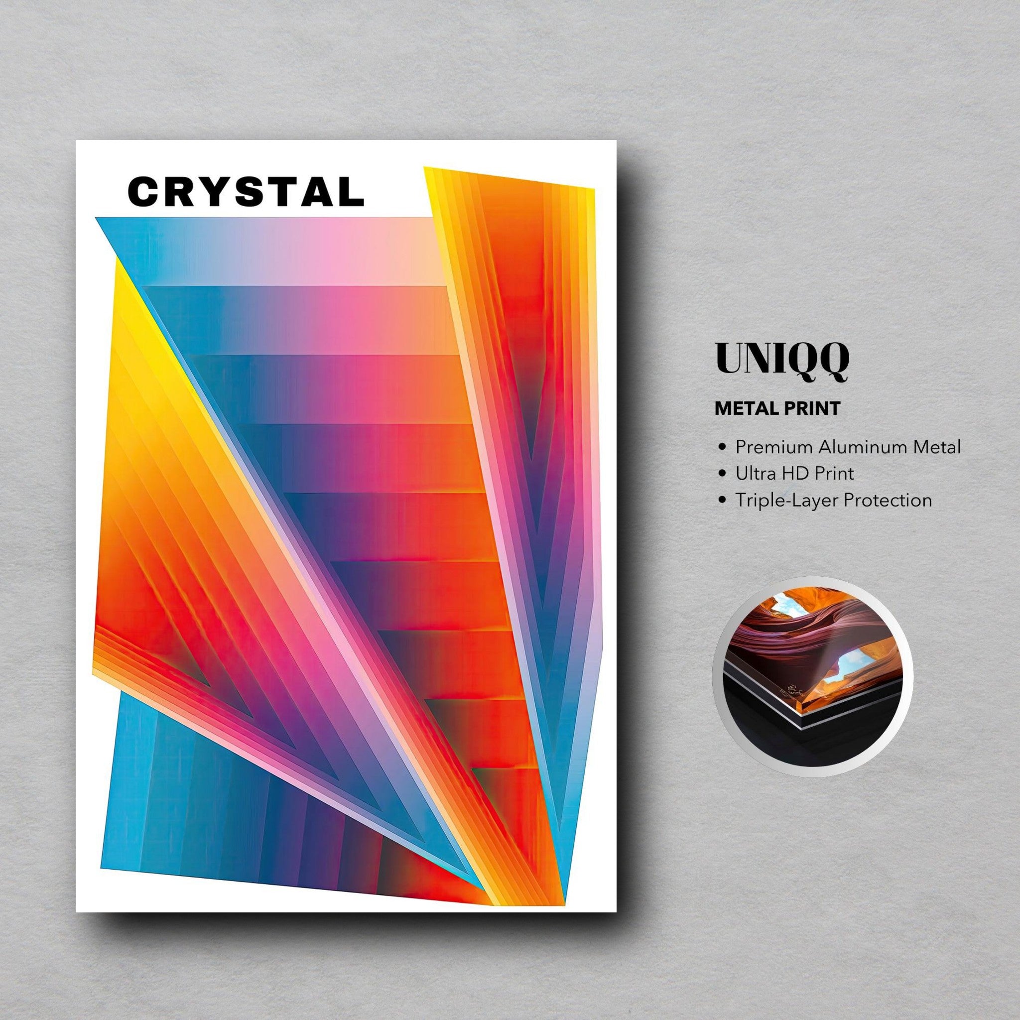 Vibrant Crystal Abstract Art Metal Print featuring dynamic colors and geometric patterns for a modern decor.