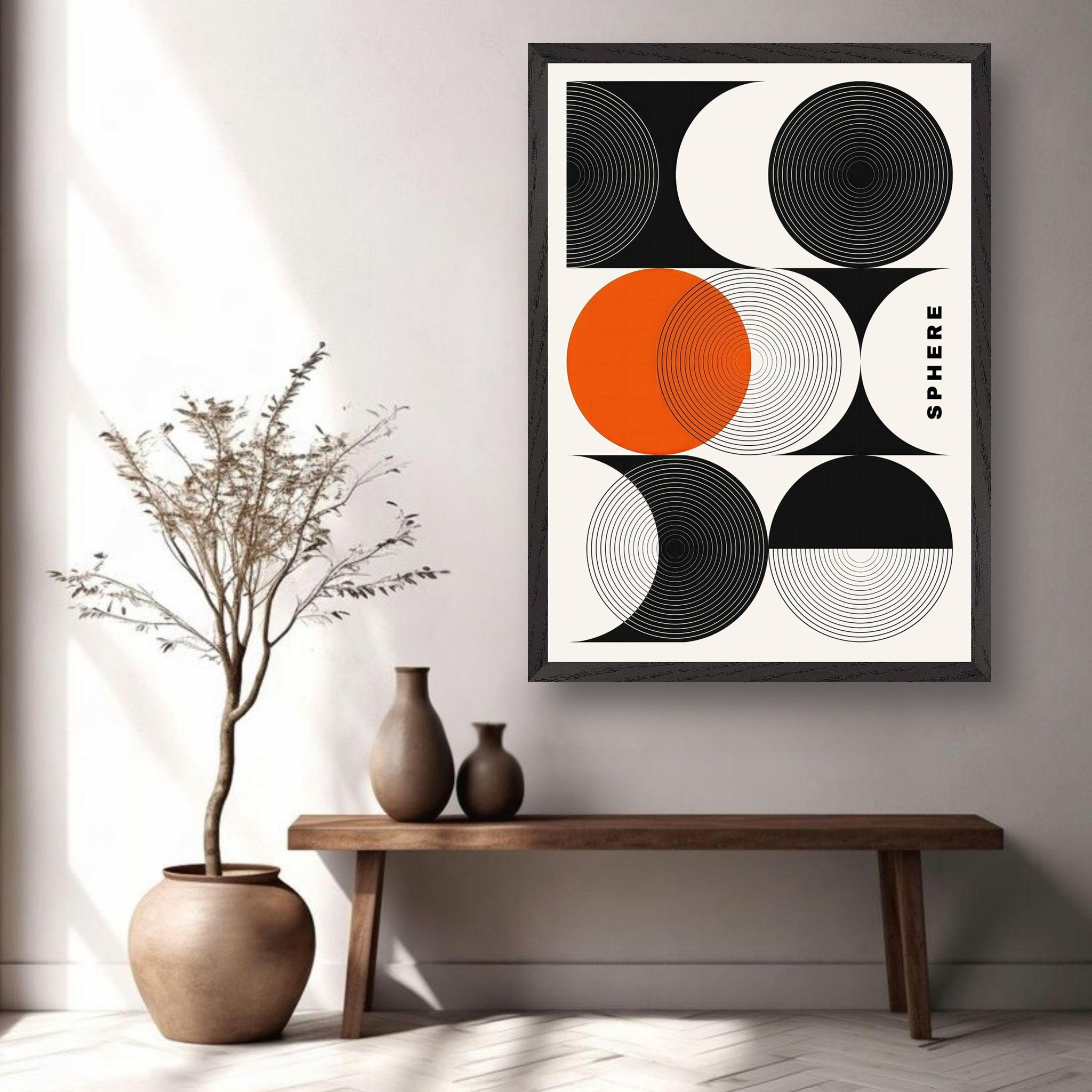 Abstract Geometric Sphere Art print with concentric circles and bold orange accents in modern interior setting