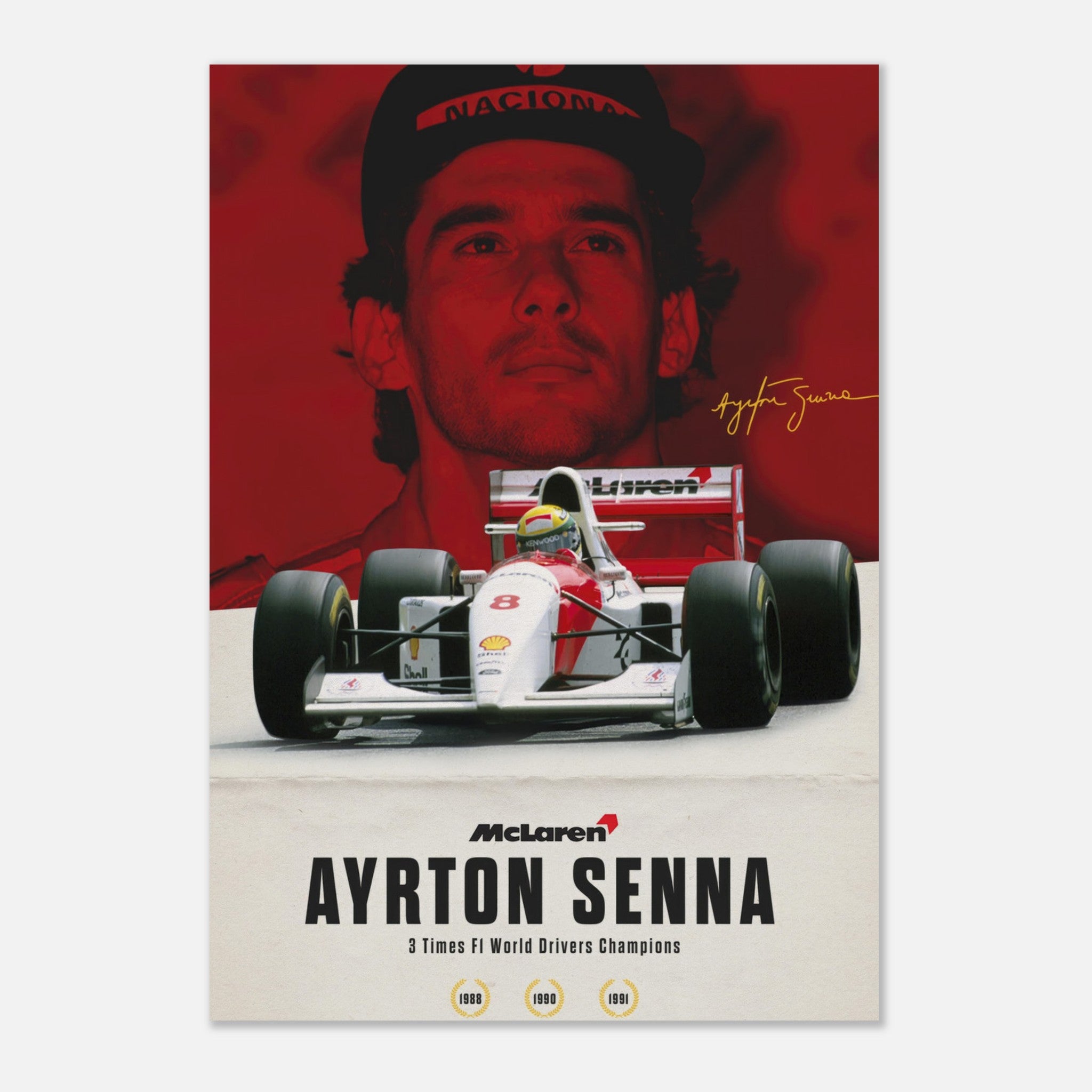 Ayrton Senna metal print featuring the McLaren MP4/4 against a vibrant red backdrop, celebrating his F1 legacy.