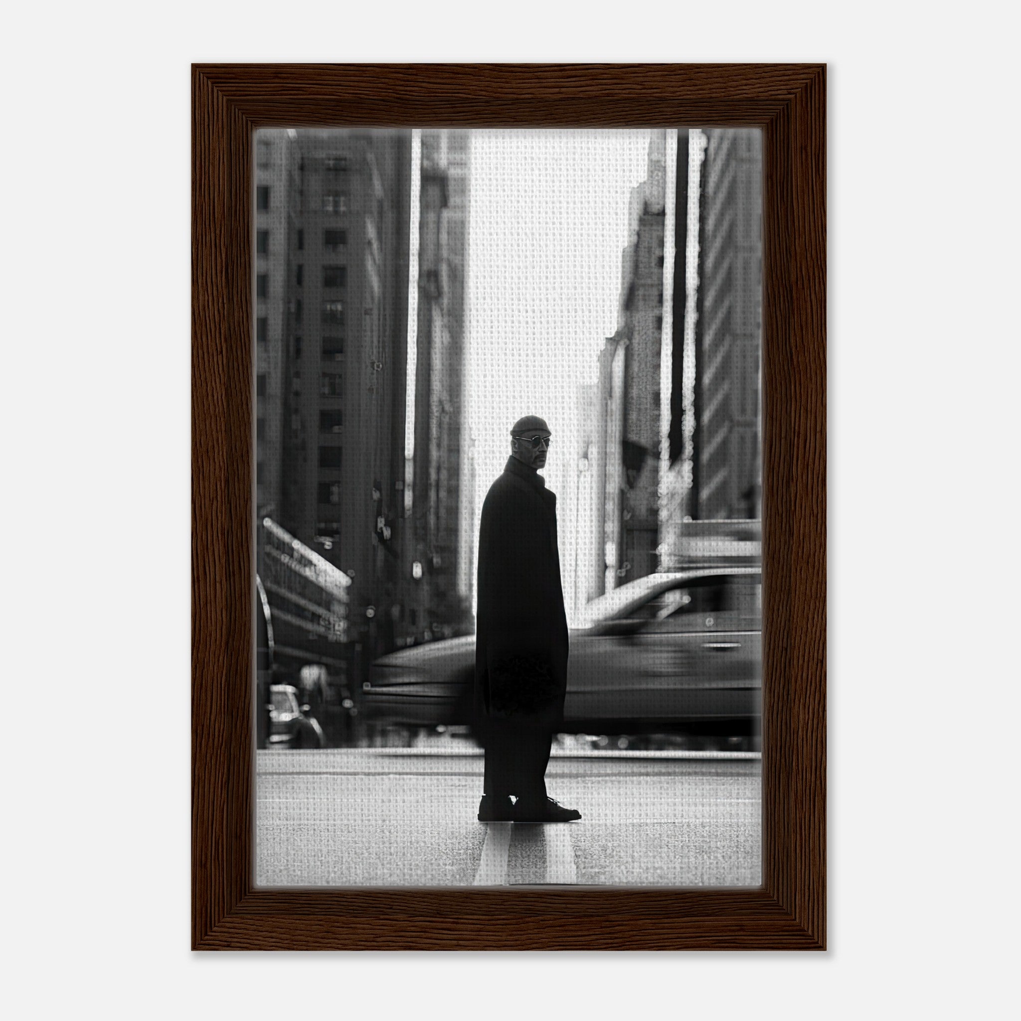 Jean Reno as Leon in New York, framed canvas art featuring black-and-white urban scene.