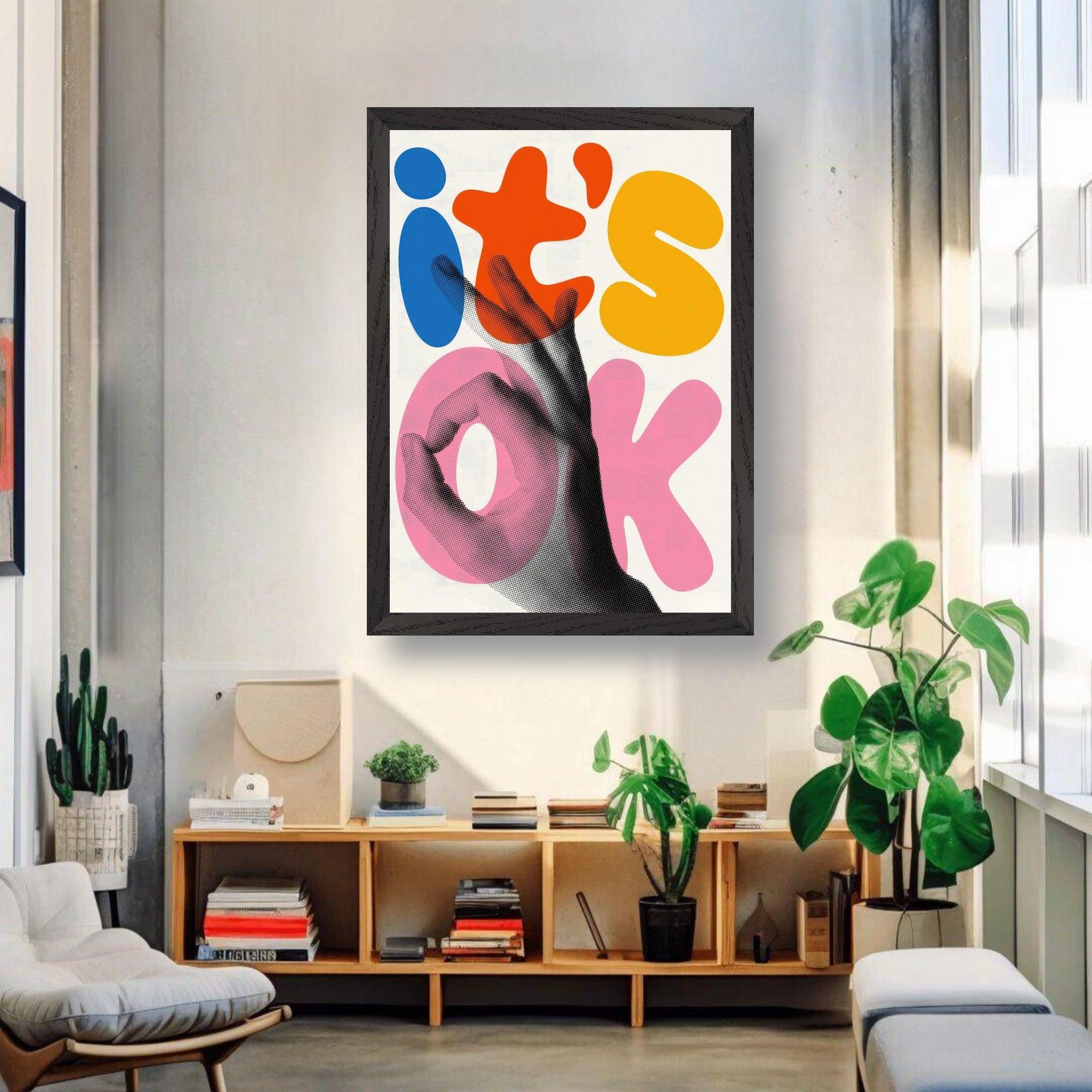 Retro abstract pop art framed print with bold colors and hand gesture, brightening up a modern living space.