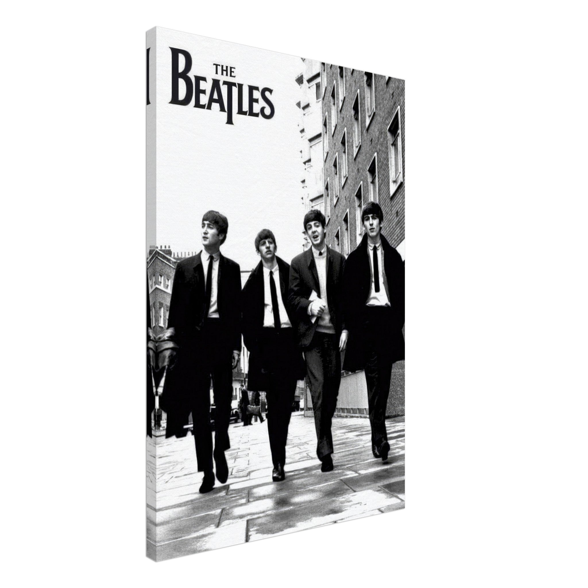 The Beatles cover canvas print featuring iconic black and white street scene of the band walking together.