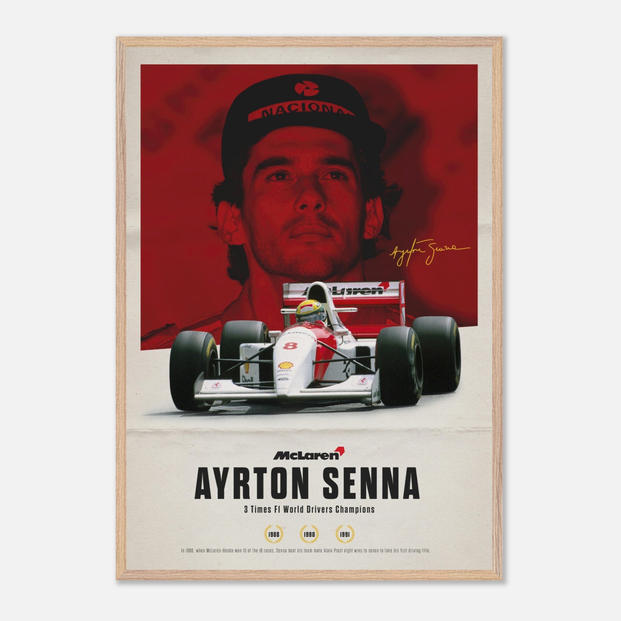 Vintage framed art of Ayrton Senna with McLaren car, featuring his signature and championship years in bold design.