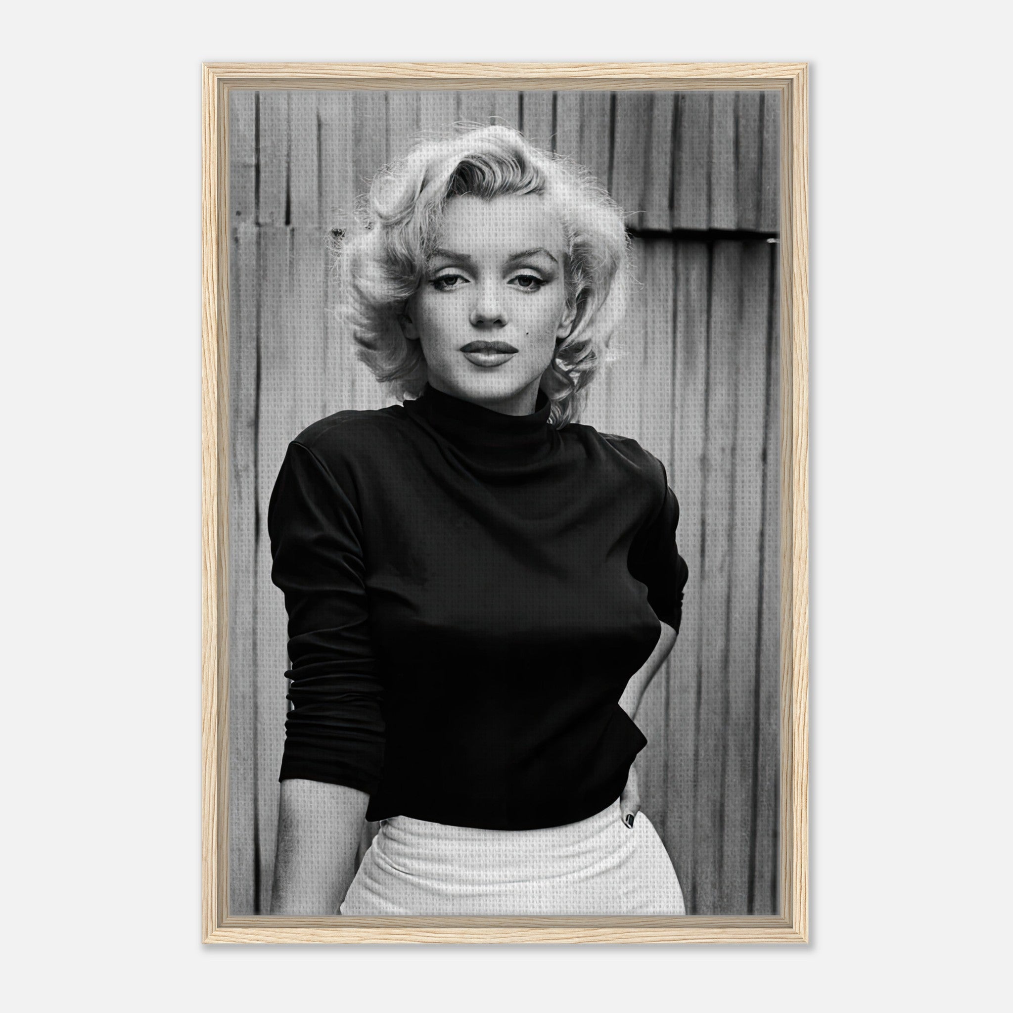 Elegant Marilyn Monroe portrait framed canvas print, capturing her timeless beauty in black and white.