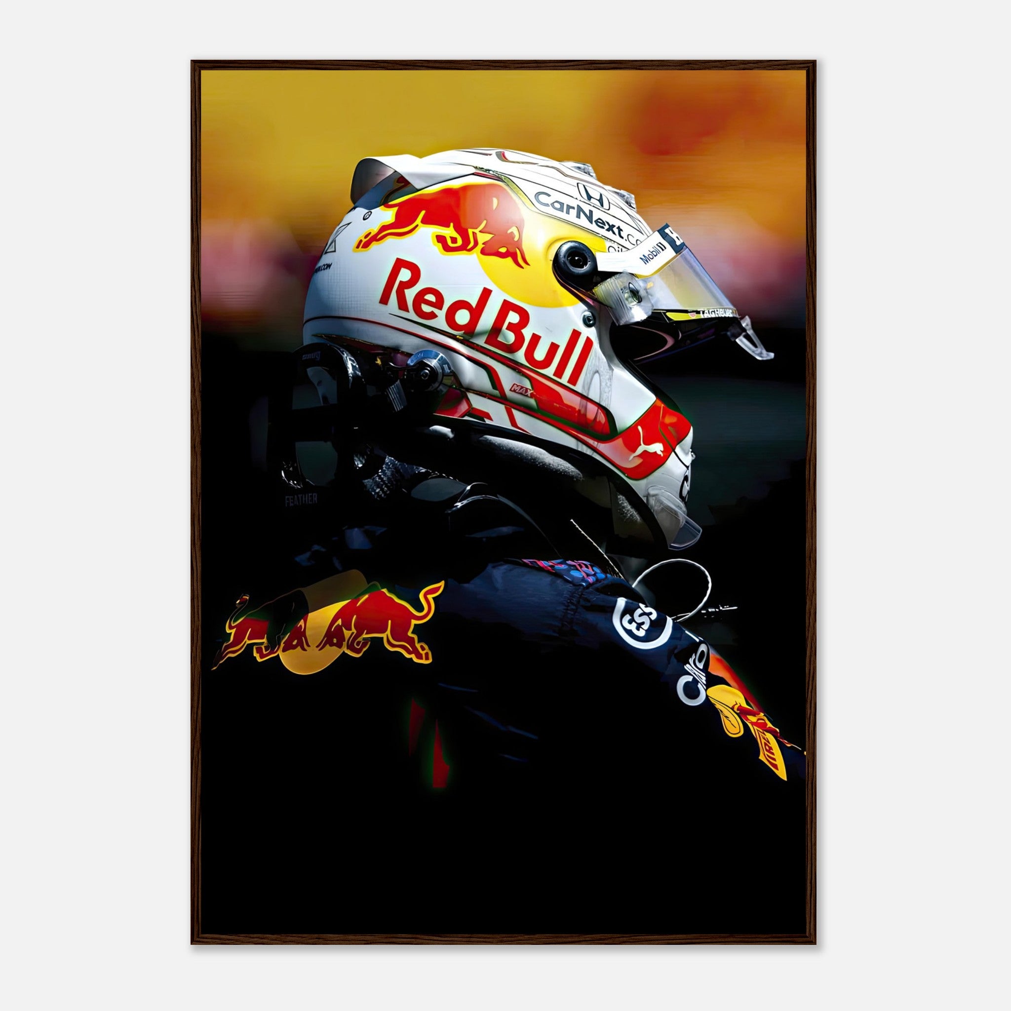 Framed print of Max Verstappen in a Red Bull helmet, showcasing vibrant colors and dynamic racing spirit for any room.
