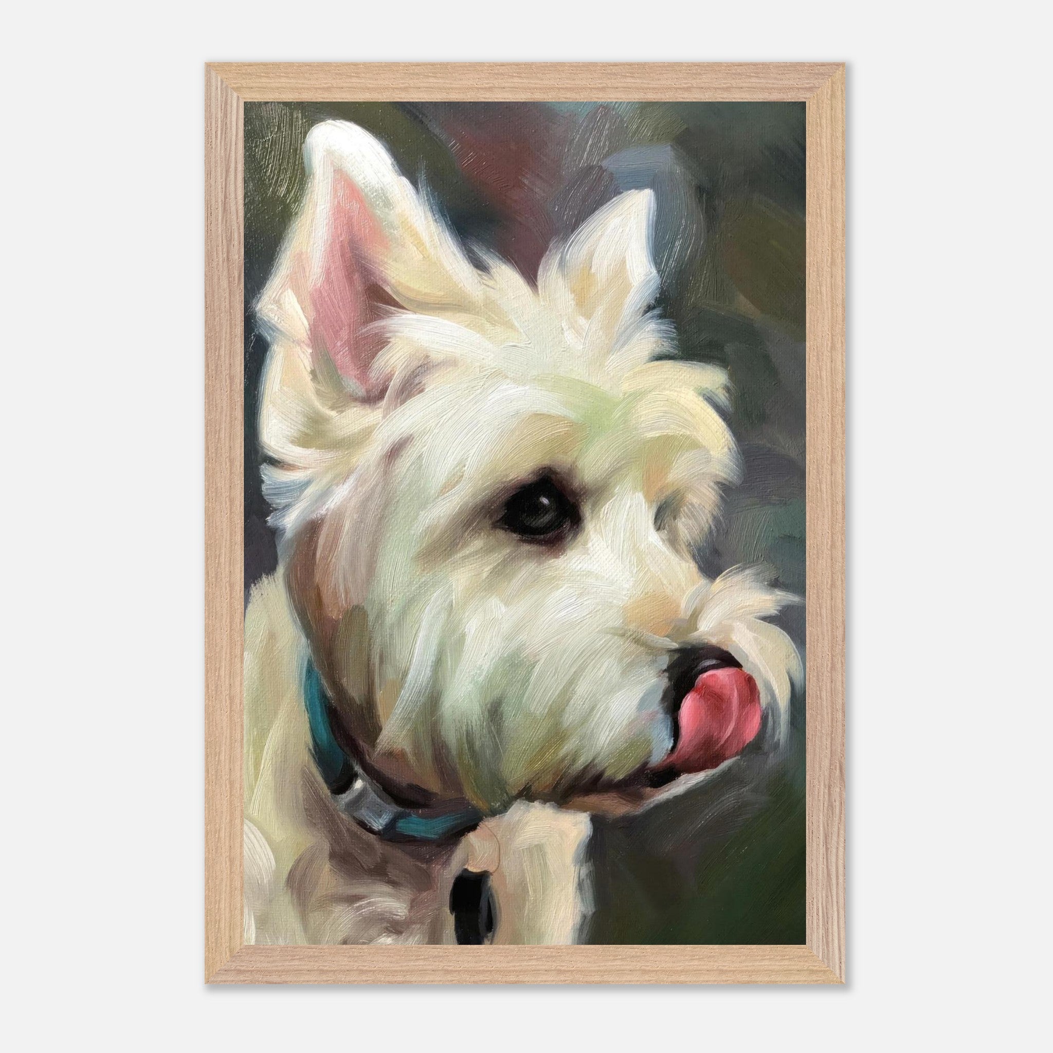 Westie dog painting showcasing a fluffy white coat and inquisitive expression, perfect for fine art collectors.