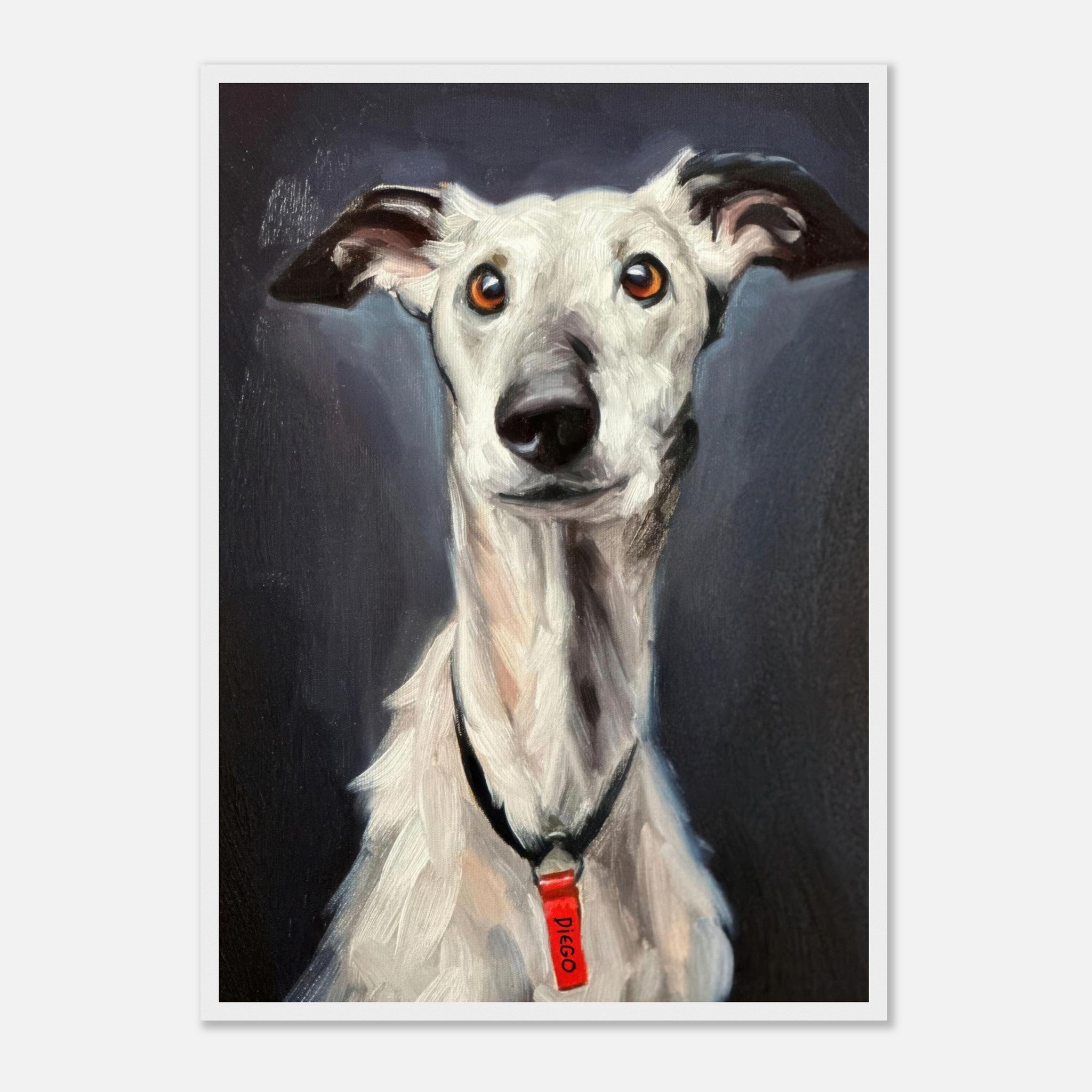 Framed print of a Greyhound dog painting with soulful eyes and sleek build, perfect for home decor.