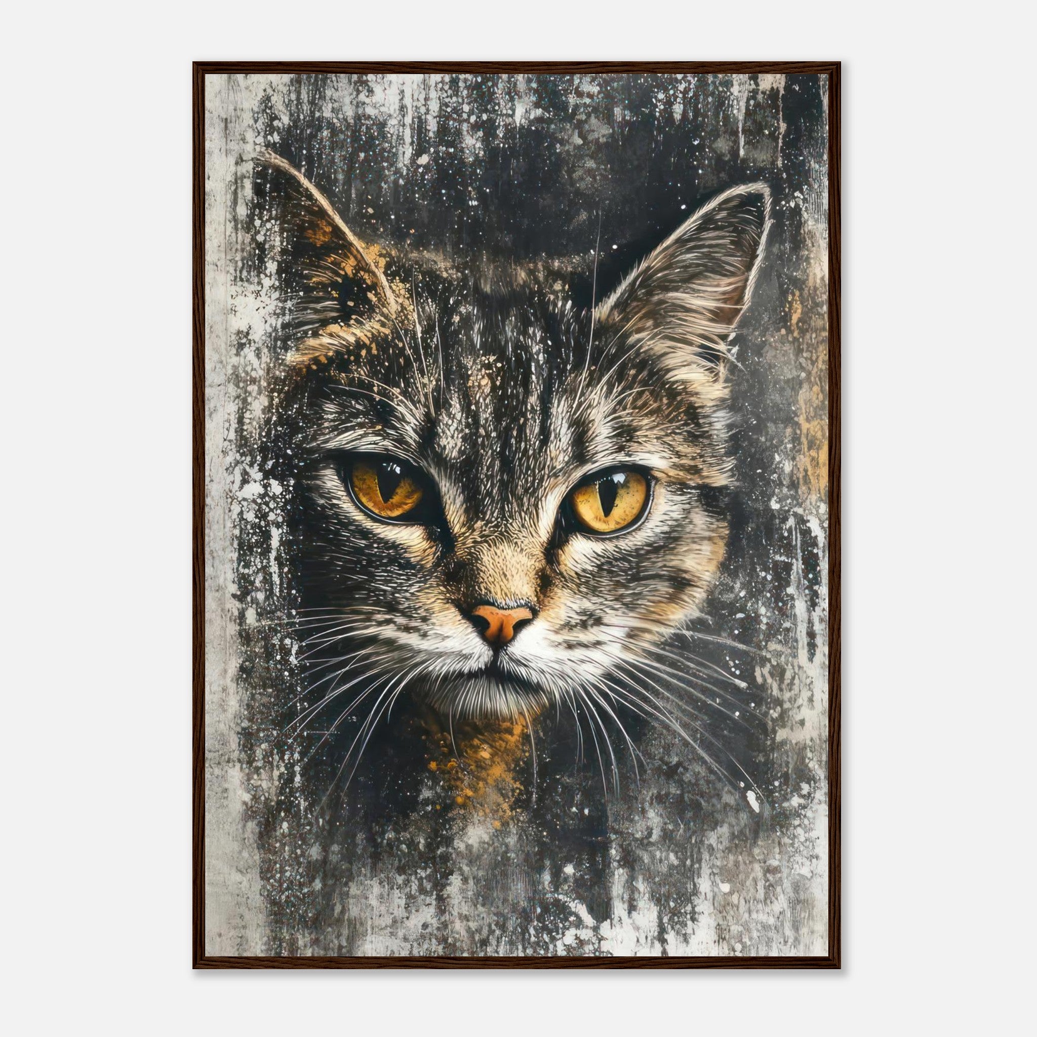 Framed cat painting artwork featuring a majestic cat with golden eyes and intricate details, perfect for home decor.