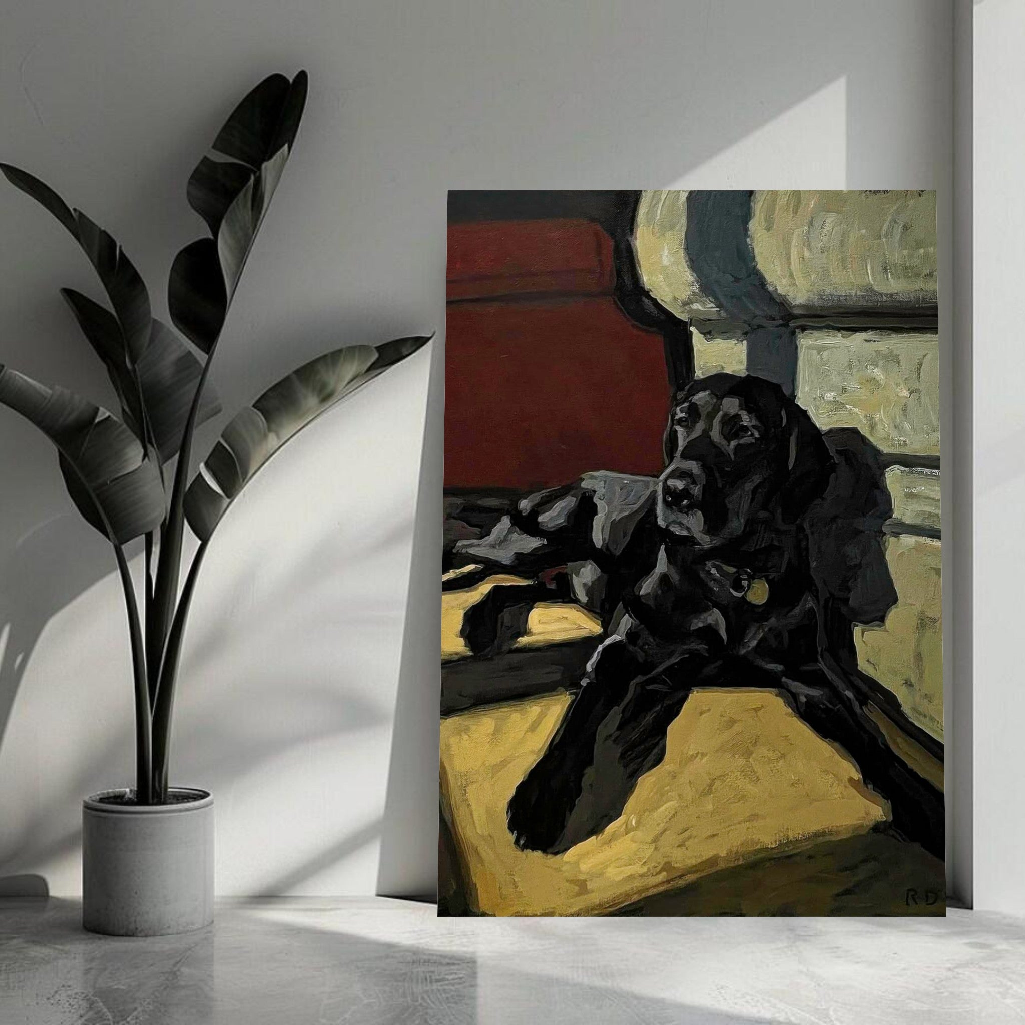 Black Labrador dog painting metal print displayed in a modern interior, capturing the dog's soulful essence.