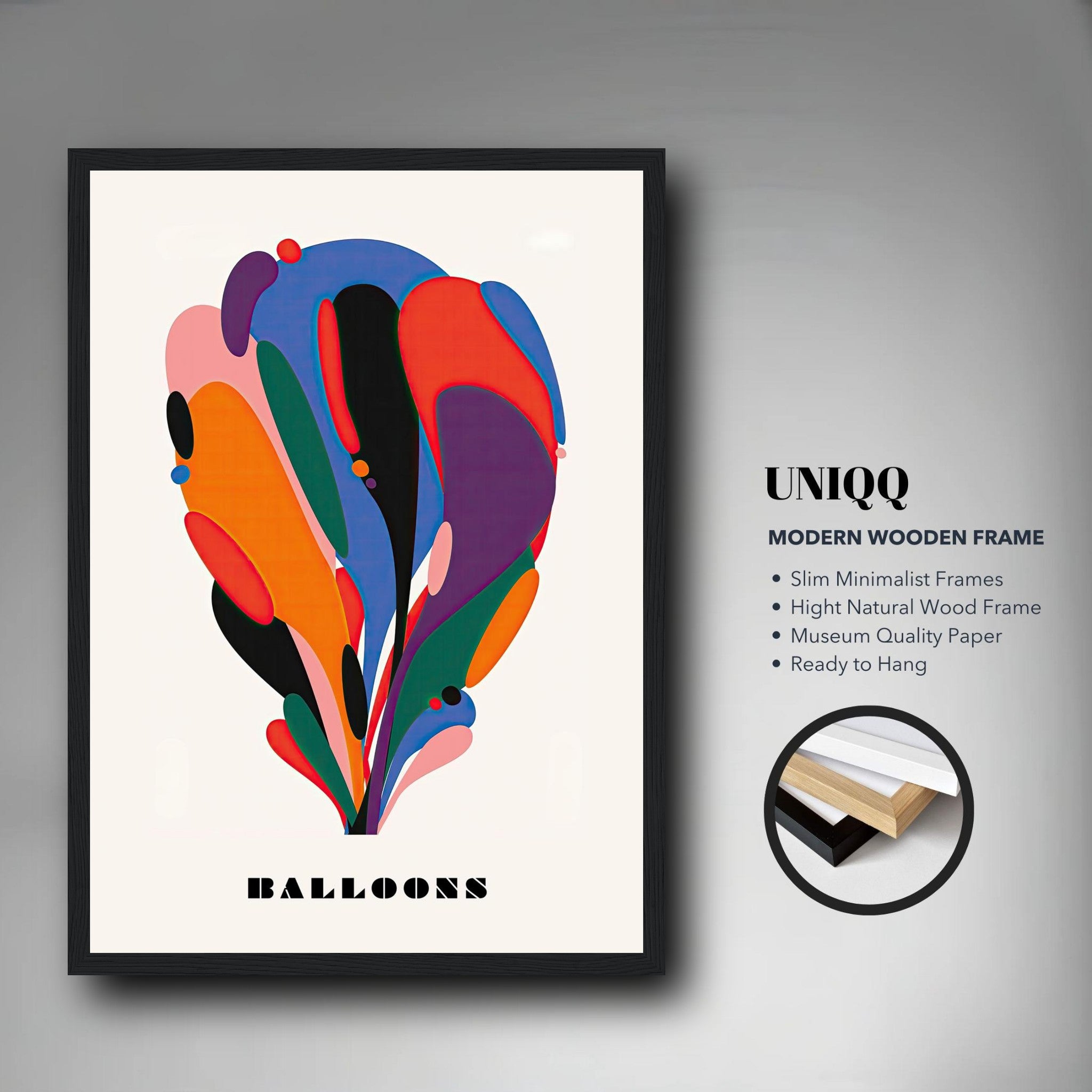 Abstract Balloon art framed print with vibrant colors and modern design, perfect for home decor.
