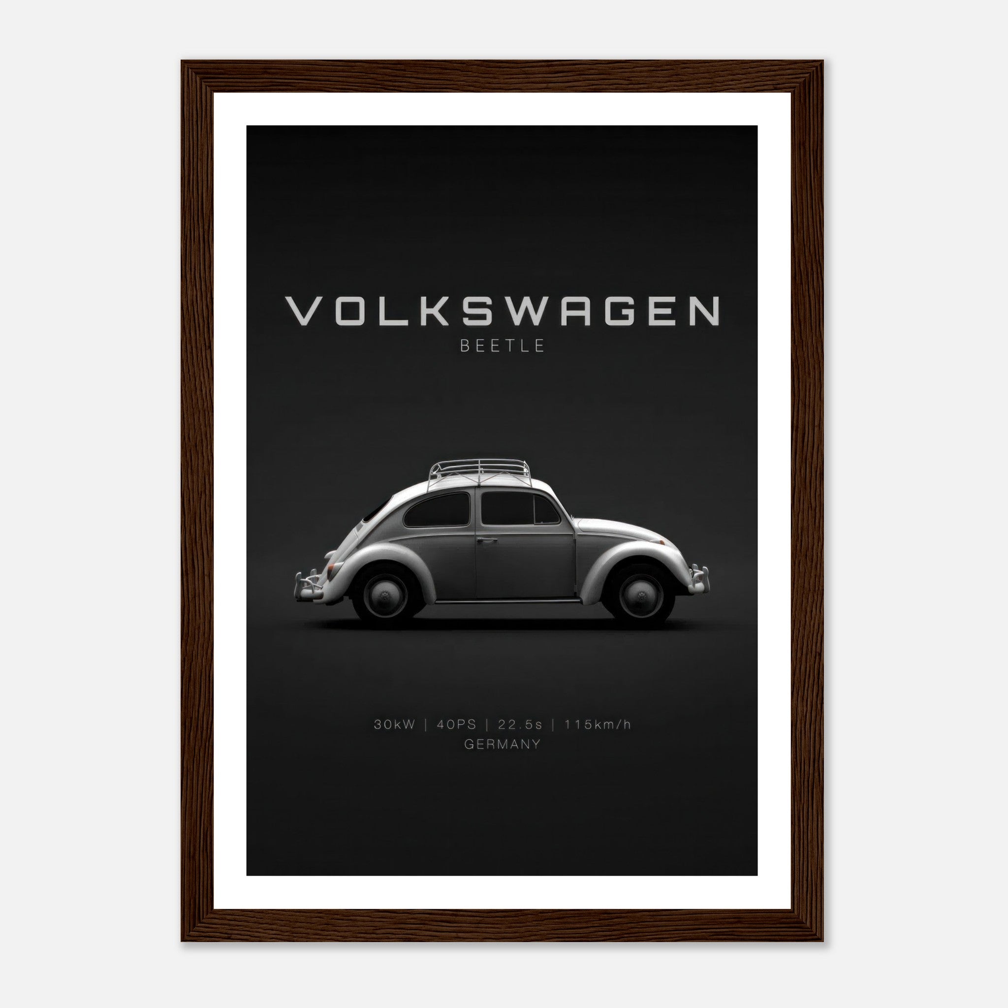 Framed poster of a Volkswagen Beetle in side profile on a minimalist black background.