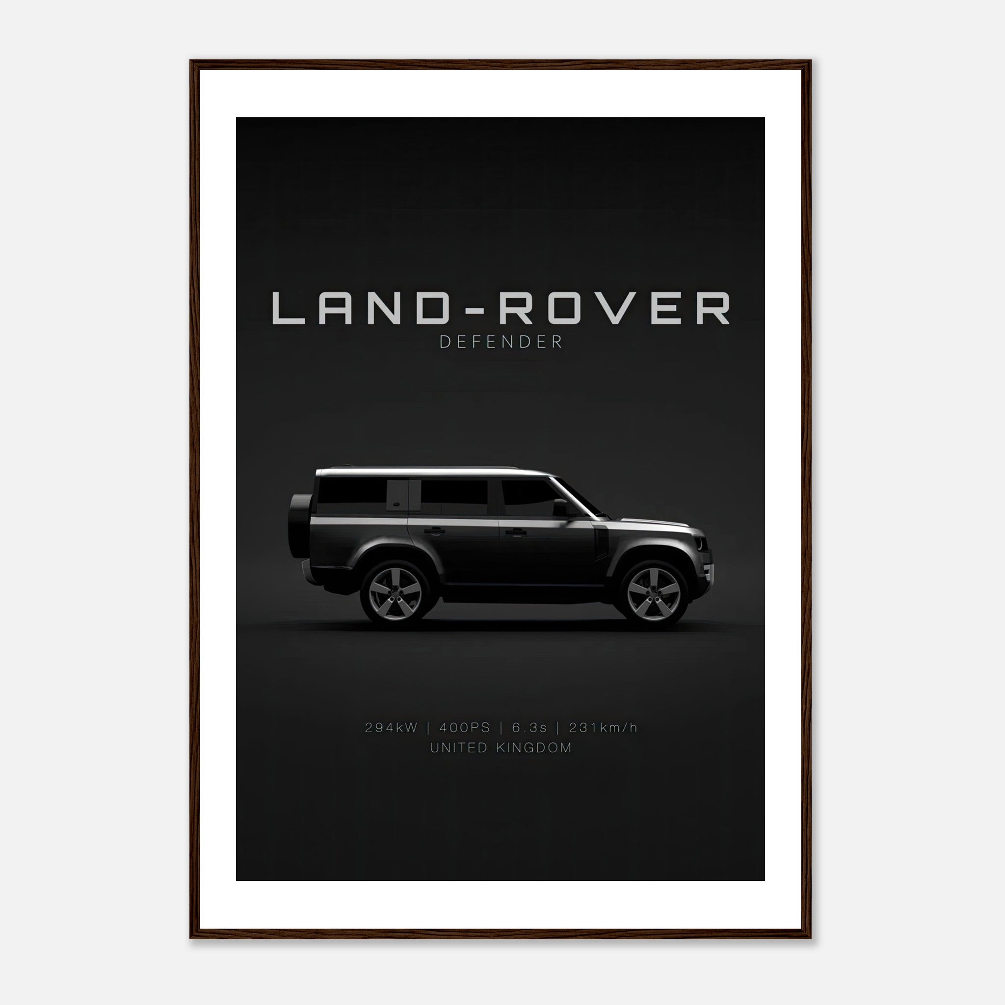 Framed print of Land Rover Defender showcasing its sleek side profile and minimalist design.