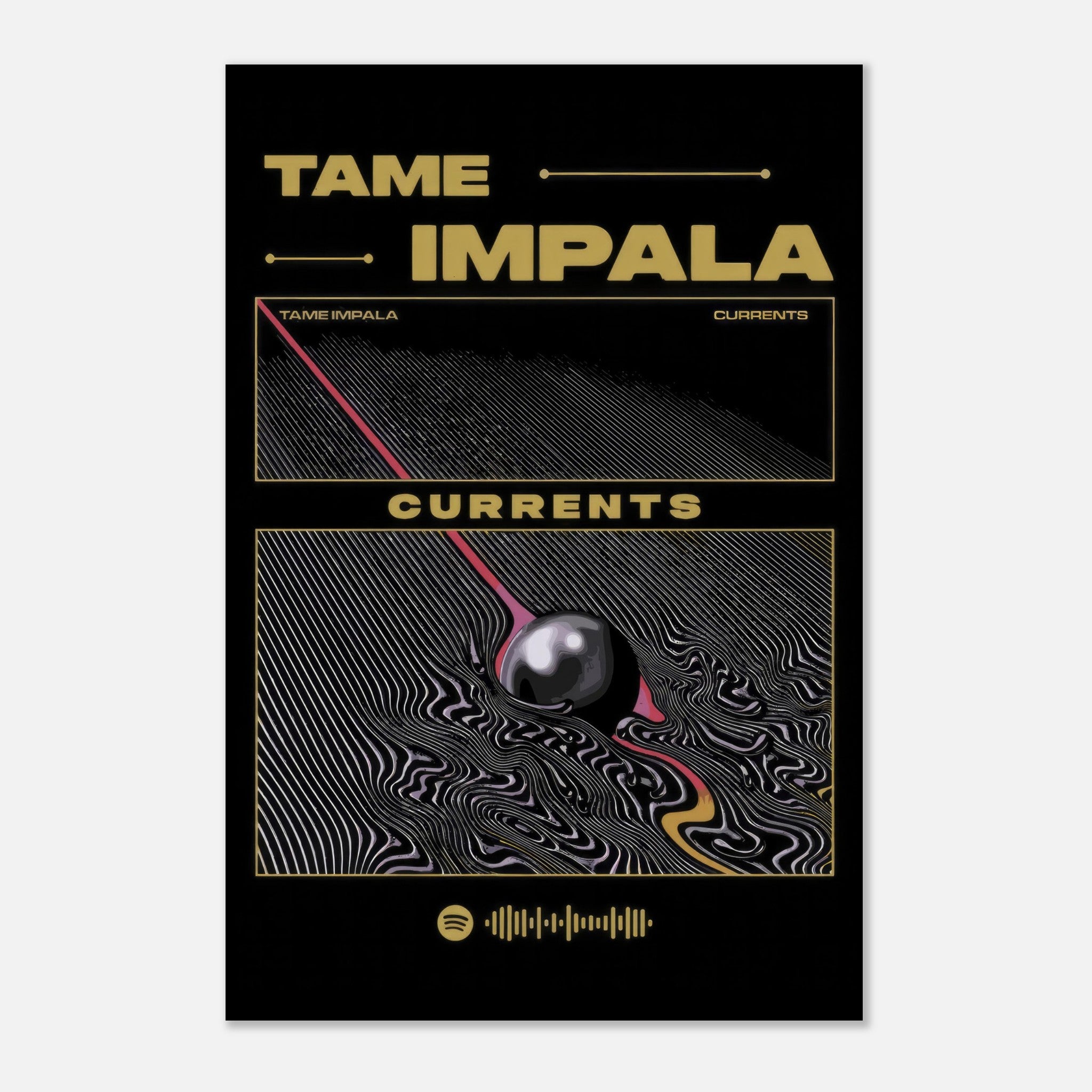 Tame Impala Currents metal poster featuring striking artwork and bold colors on a sleek black background.