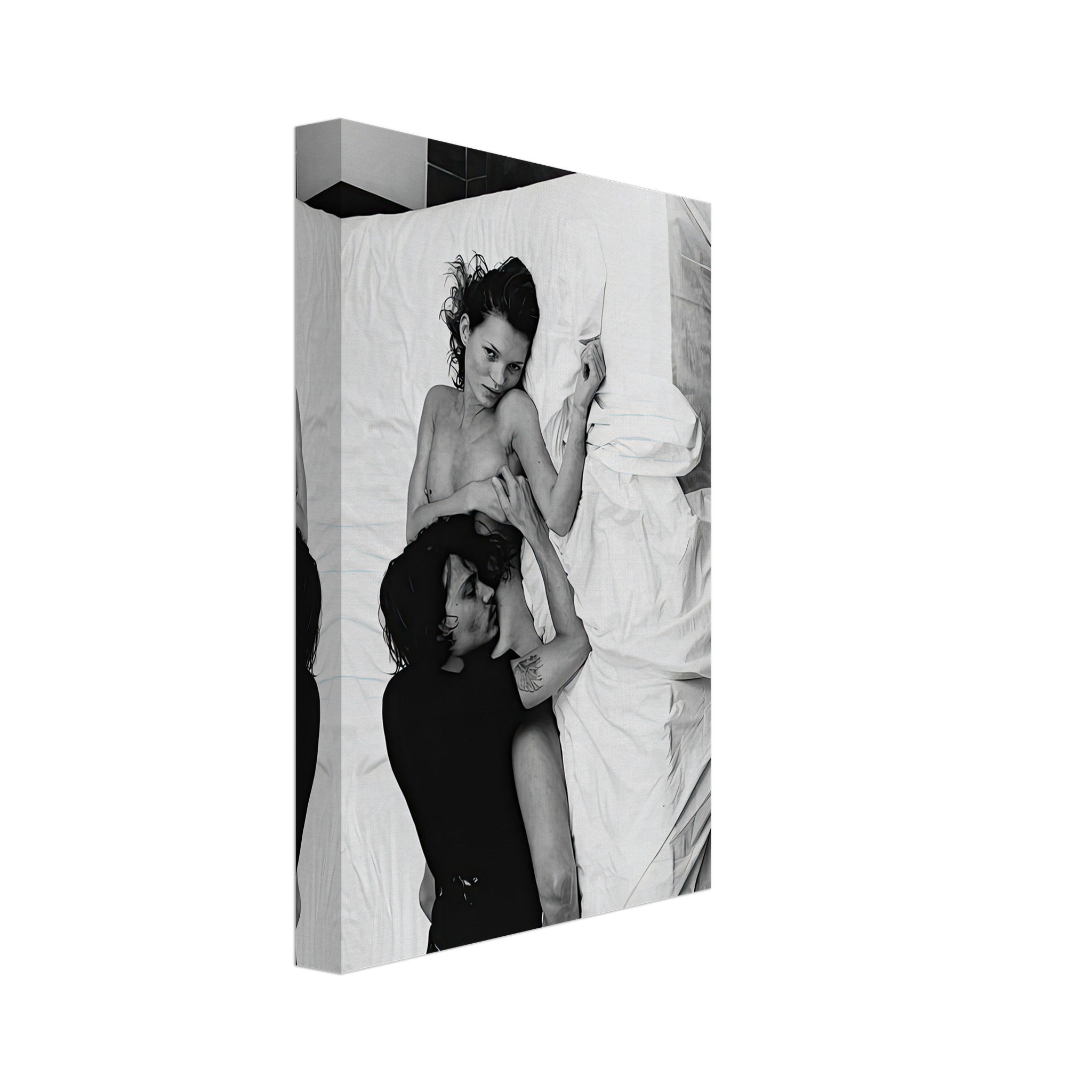 Black-and-white canvas print of iconic couple Kate Moss and Johnny Depp in 1994, capturing 90s glamour and chemistry.