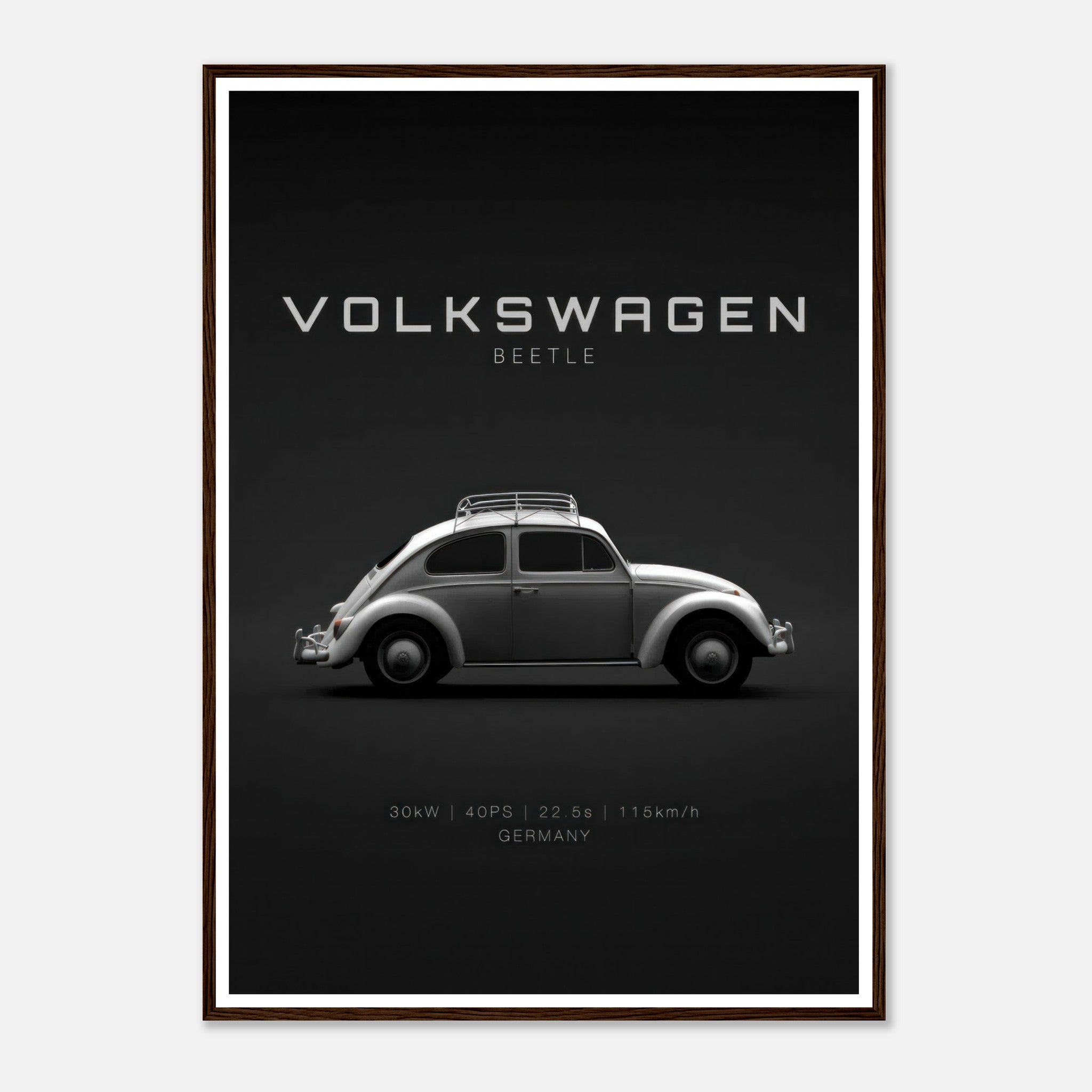 Framed poster of a sleek Volkswagen Beetle against a black background, celebrating vintage automotive design.