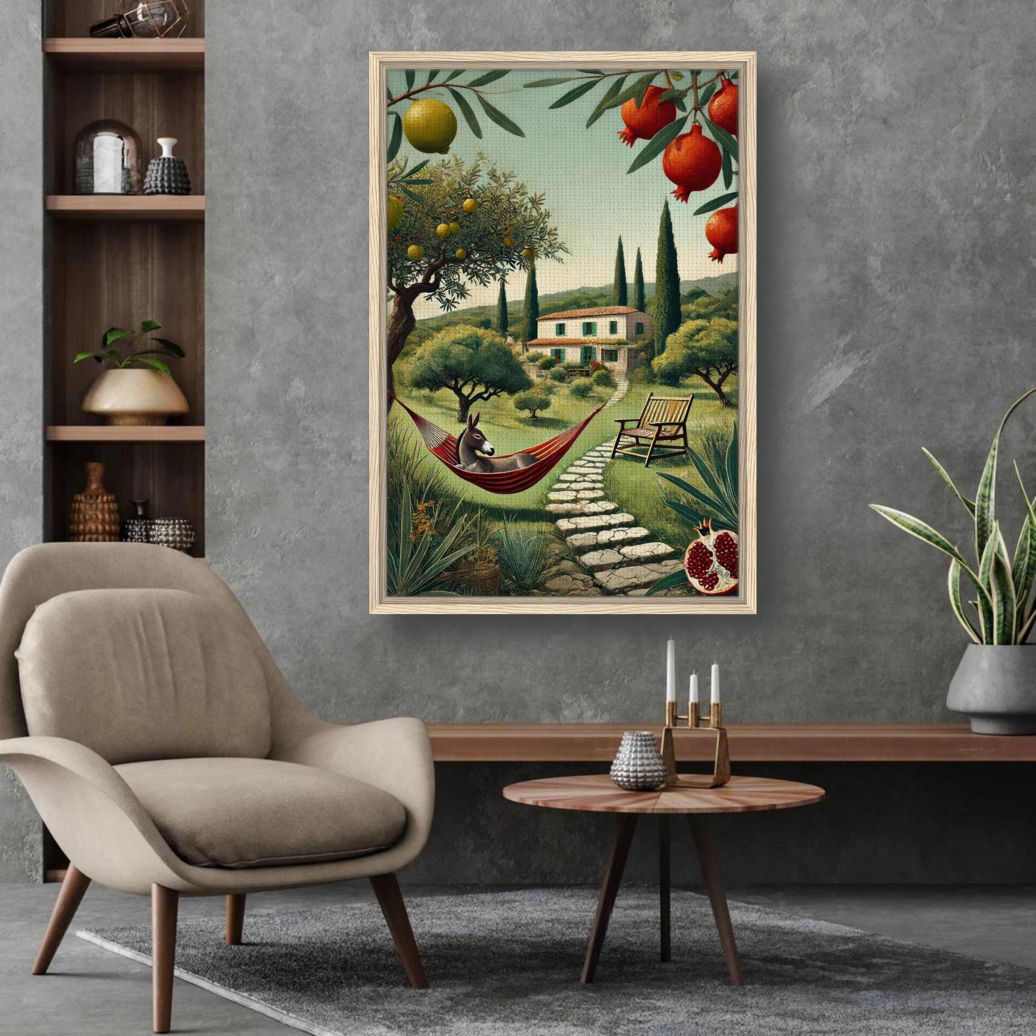 Mediterranean rural landscape framed canvas print featuring a donkey in a hammock among olive trees.