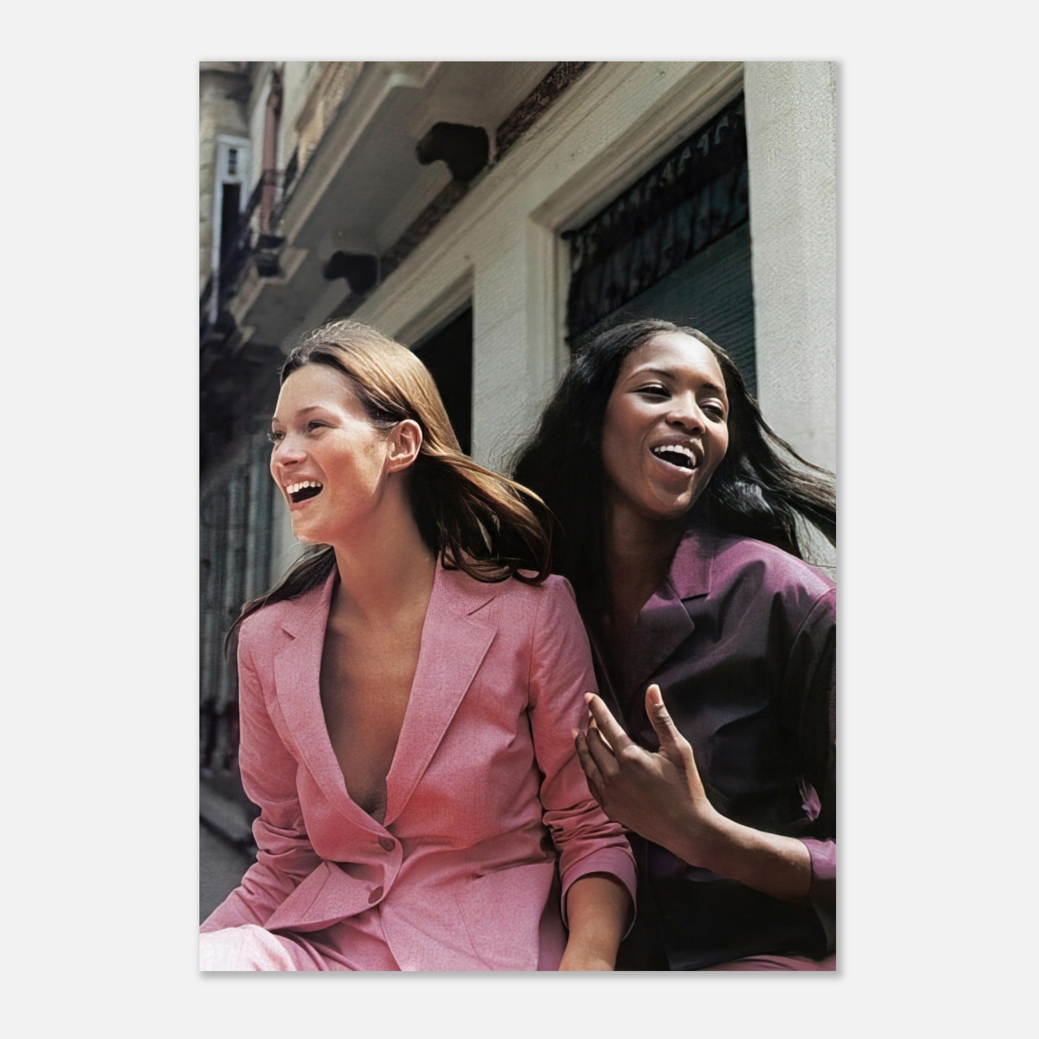 Naomi Campbell x Kate Moss metal print showcasing joyful candid moment, elegant fashion on premium aluminum.