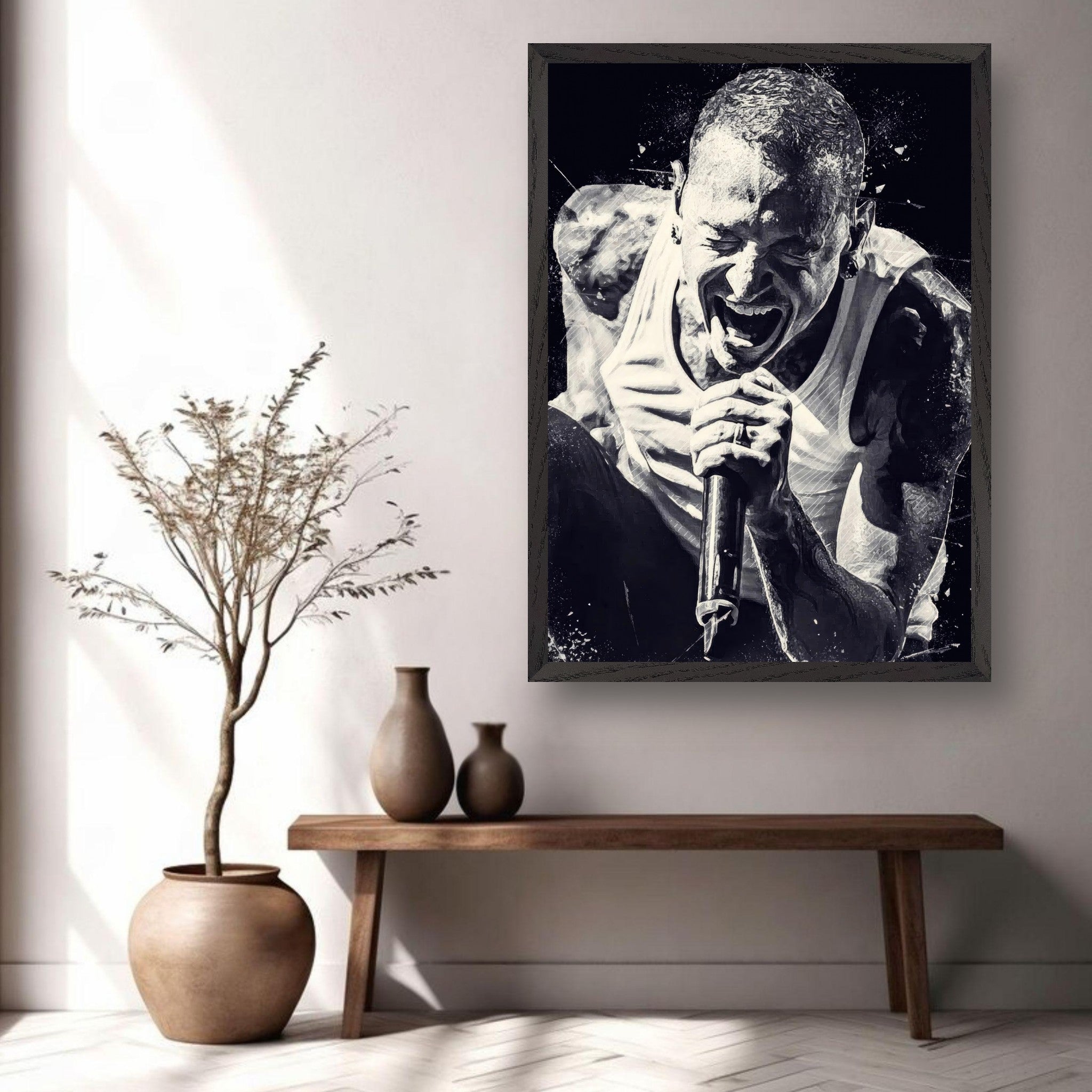 Black and white fine art print of Chester Bennington passionately performing, showcased in a modern living space.
