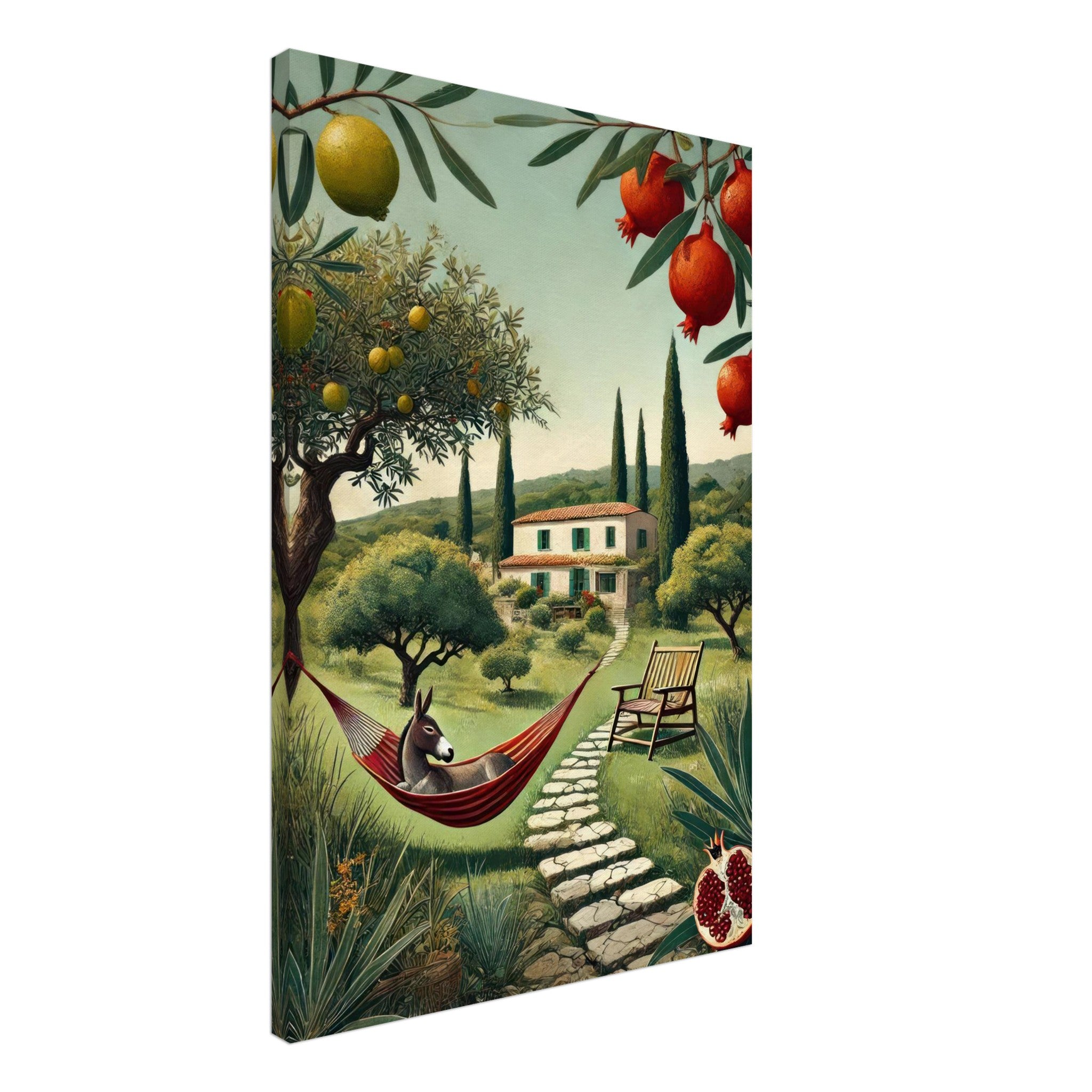 Mediterranean rural landscape canvas print with hammock, villa, greenery, and fruit trees, perfect for home decor.