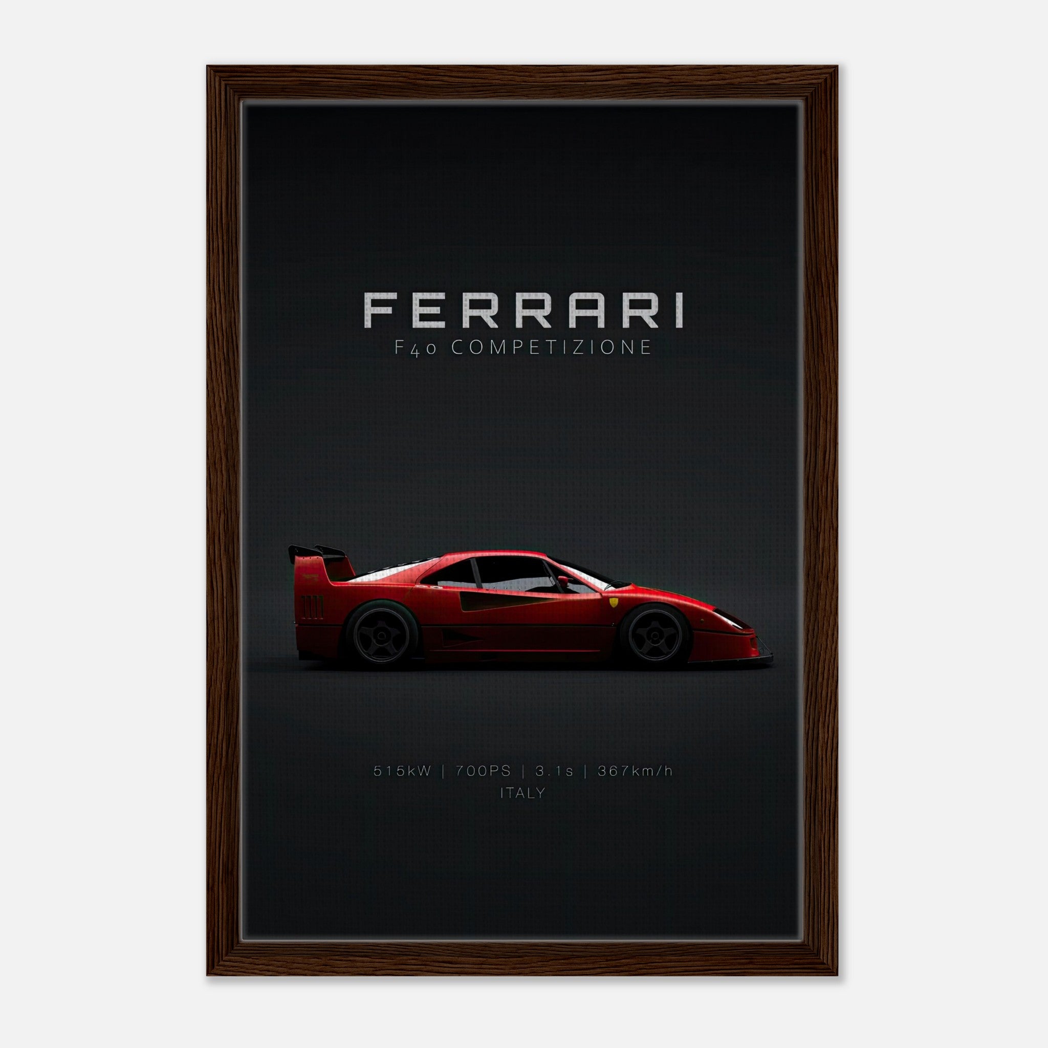 Ferrari F40 Competizione framed canvas artwork showcasing sleek red supercar profile on black background.
