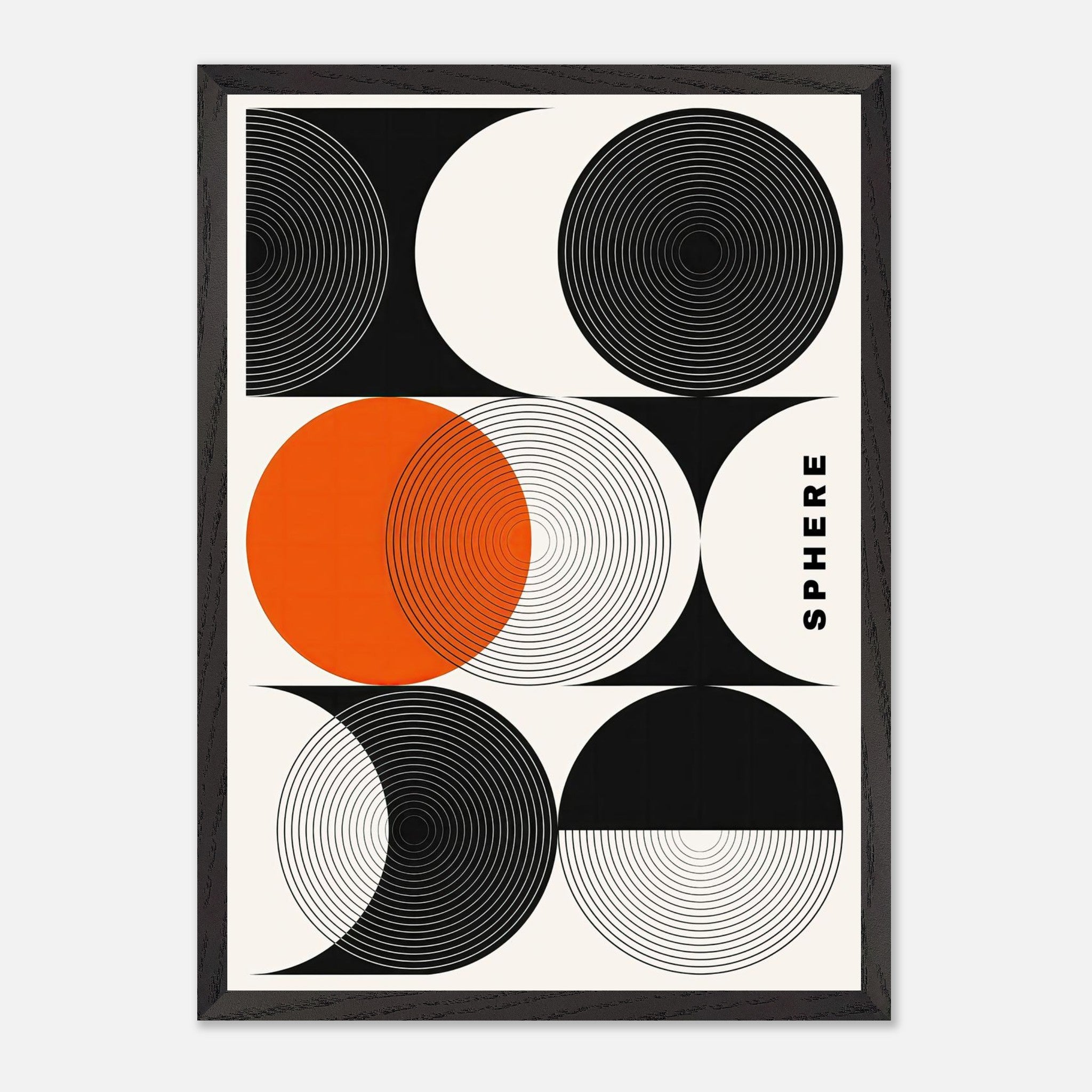 Abstract geometric sphere art in vintage frame featuring concentric circles and vibrant orange accents.